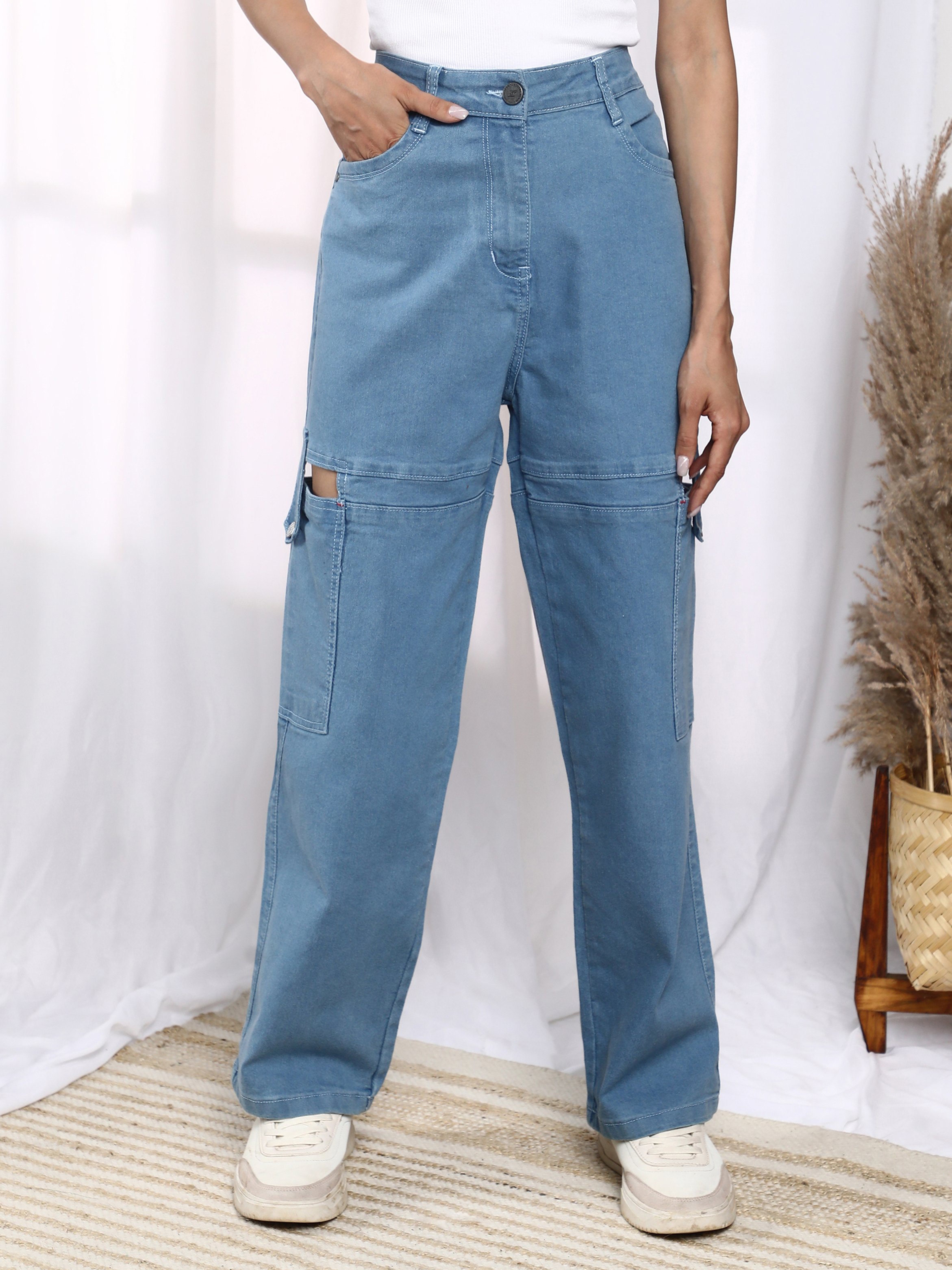 Light Blue Mid-Rise Cut-Out Detail Jeans