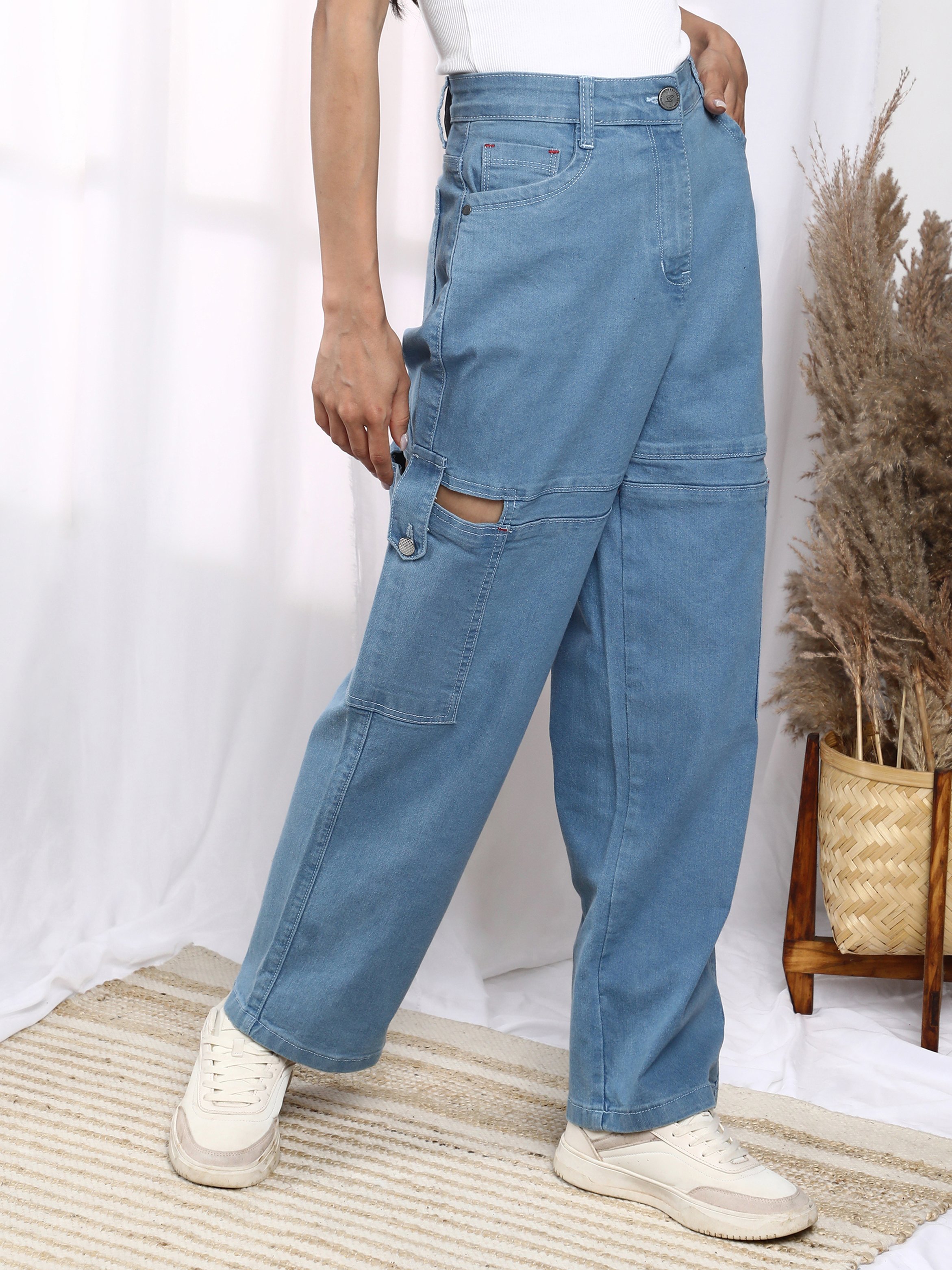 Light Blue Mid-Rise Cut-Out Detail Jeans