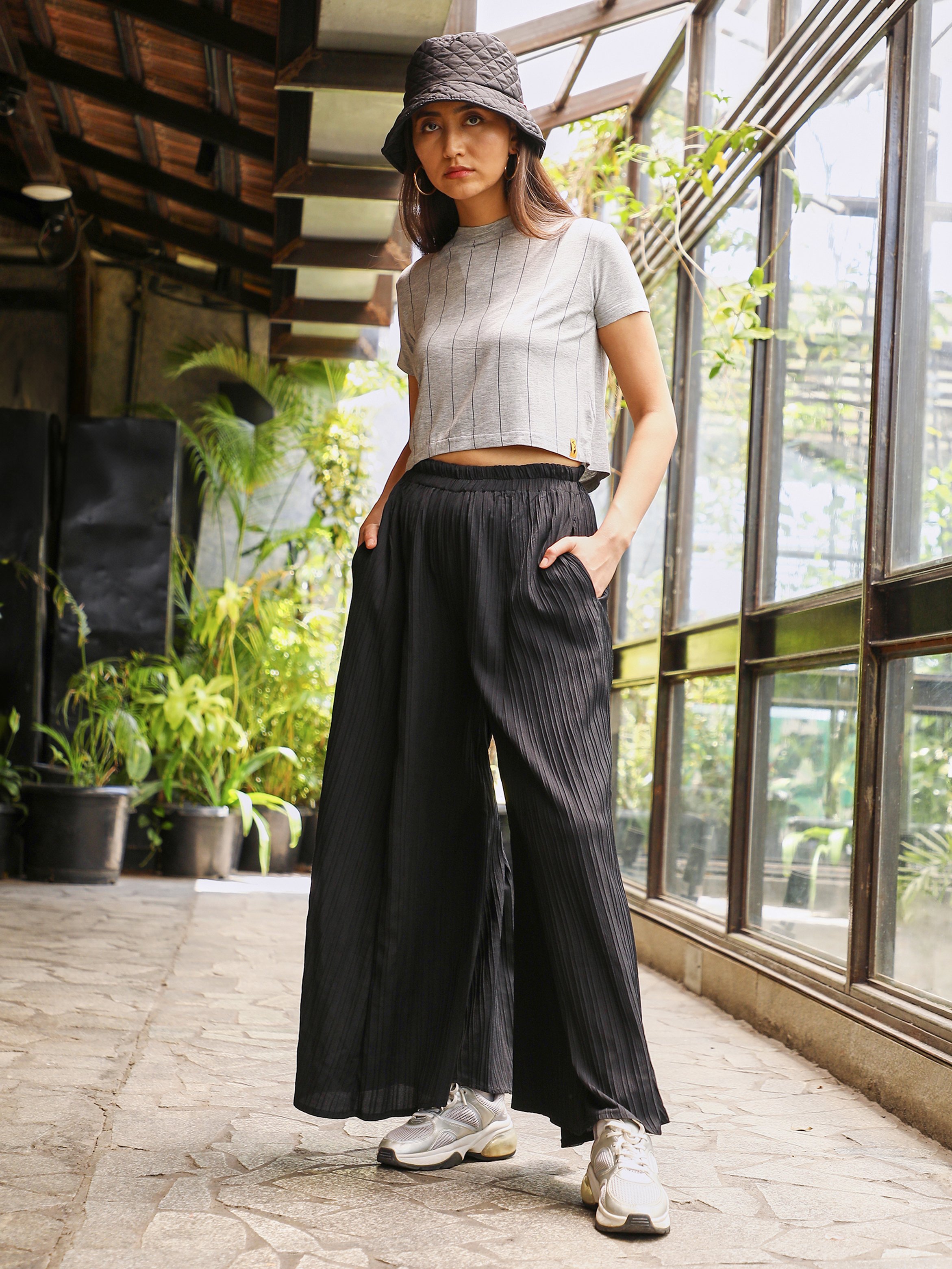 Black Textured Flared Trousers