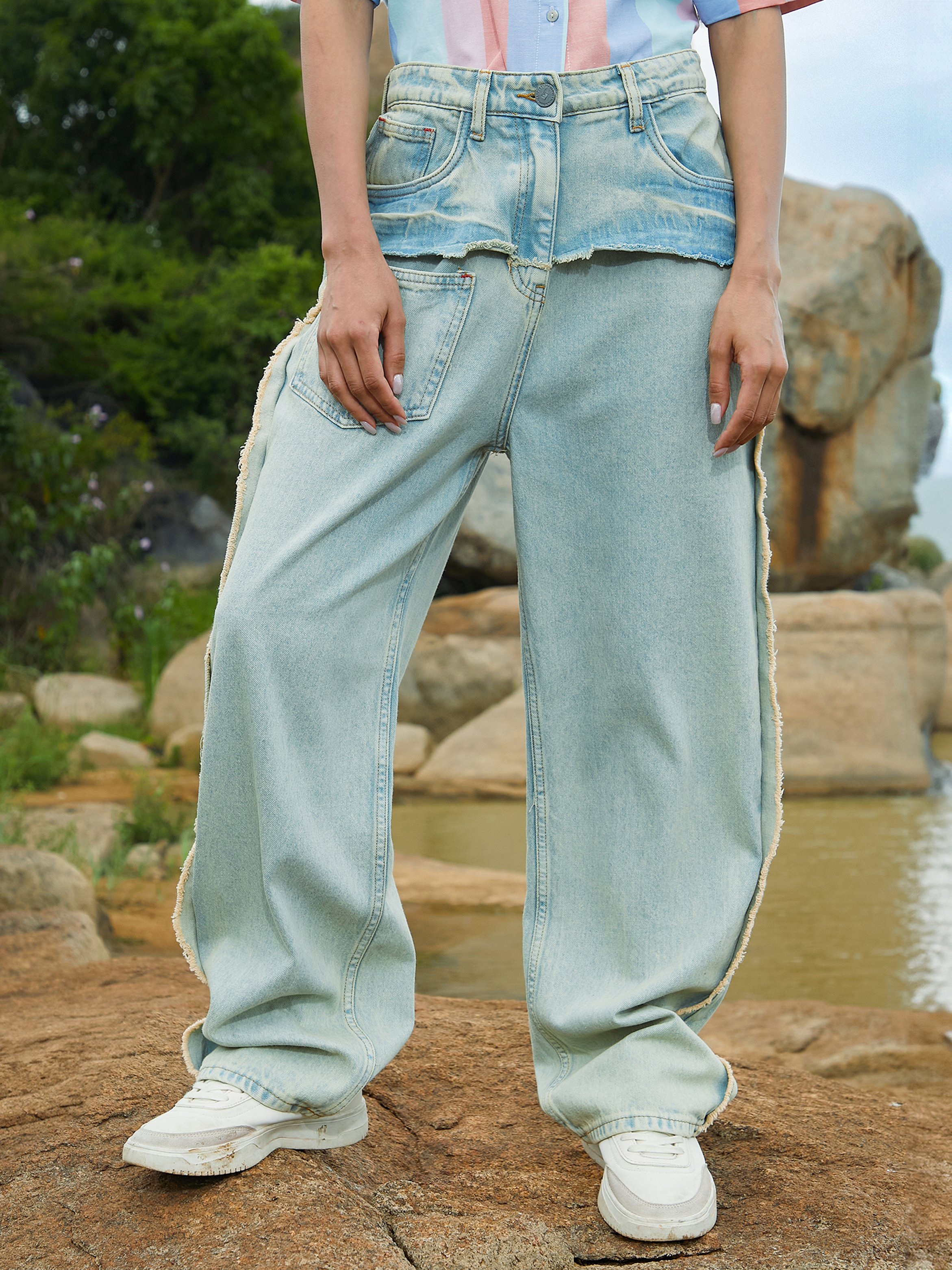 Light Blue Fringed Straight Fit Jeans