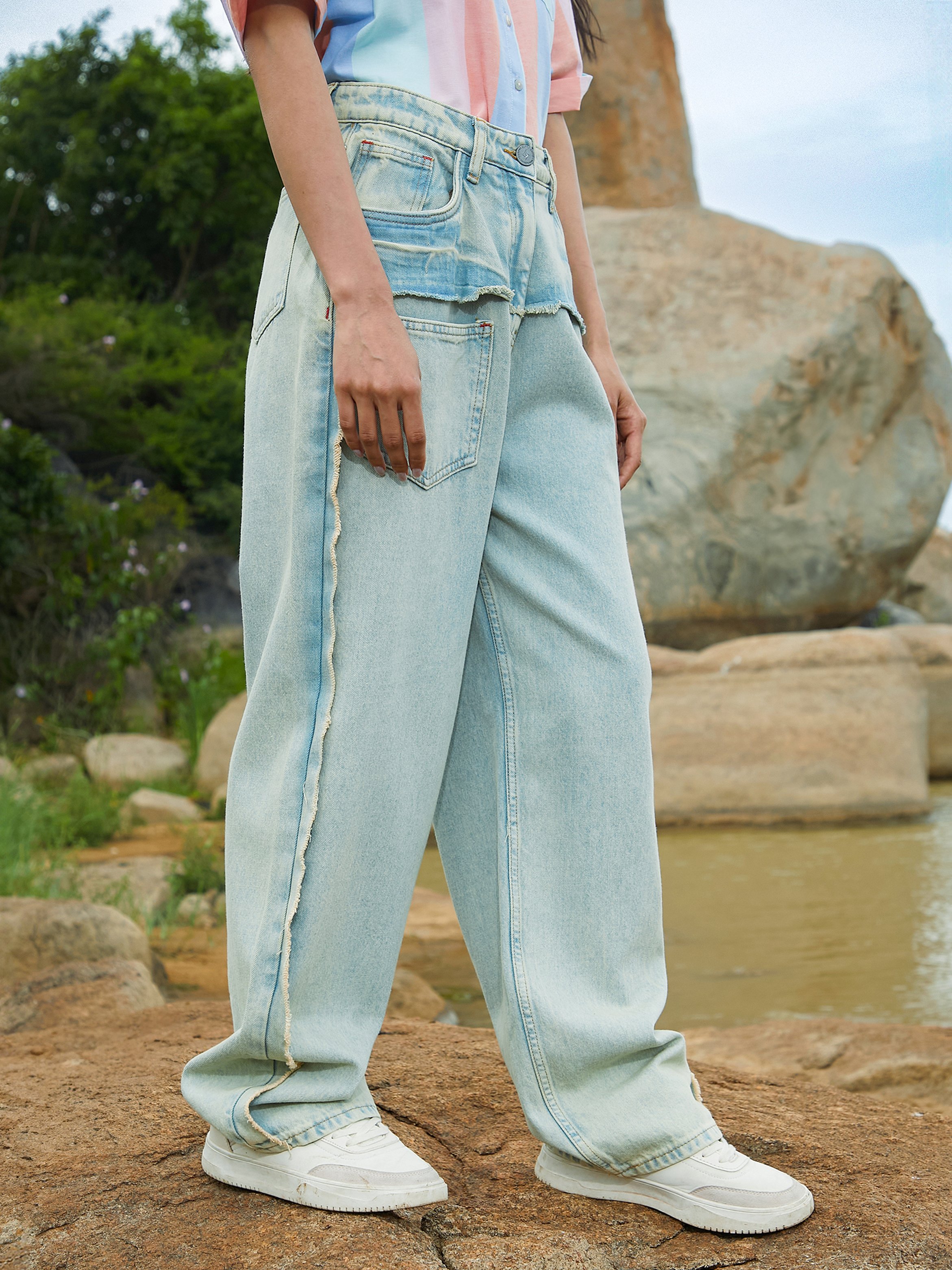 Light Blue Fringed Straight Fit Jeans
