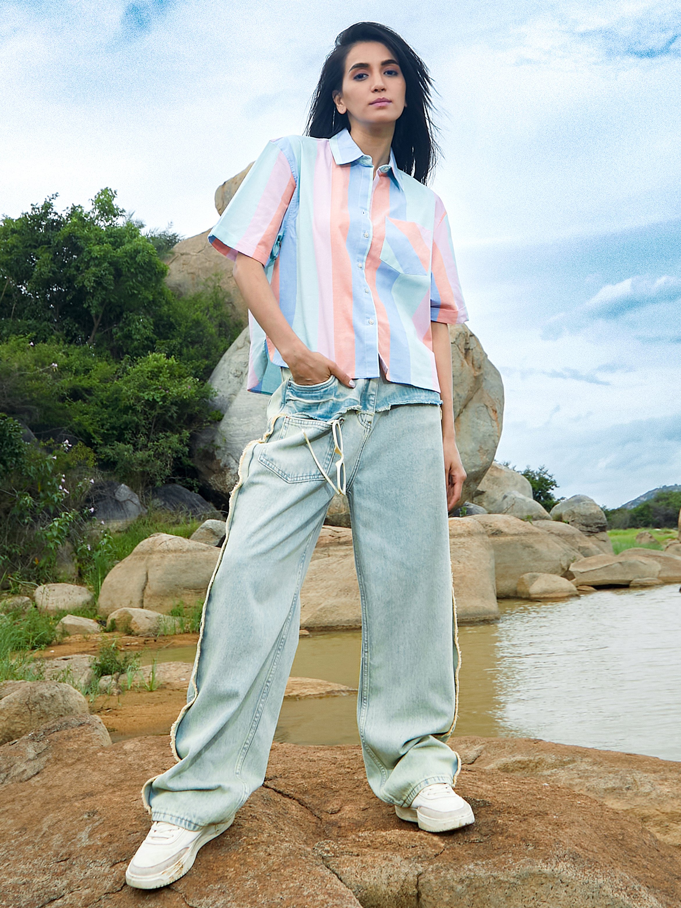 Light Blue Fringed Straight Fit Jeans