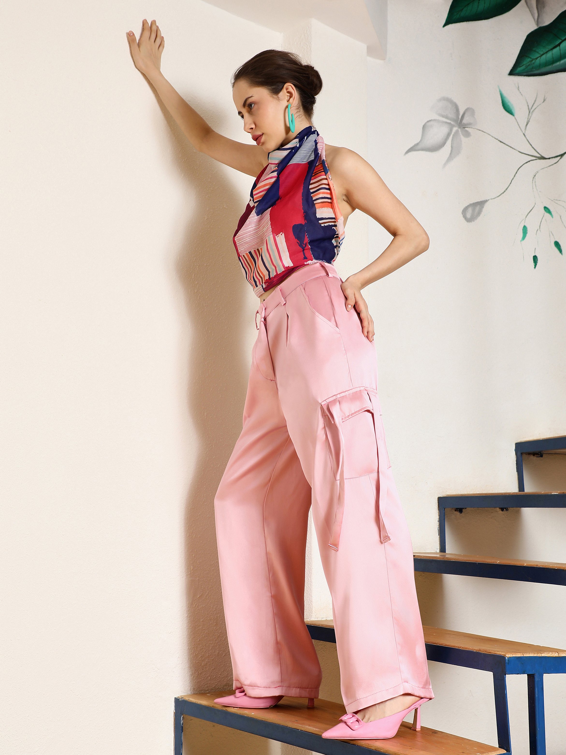 Blush Pink Boxy Satin Cargo Pants
