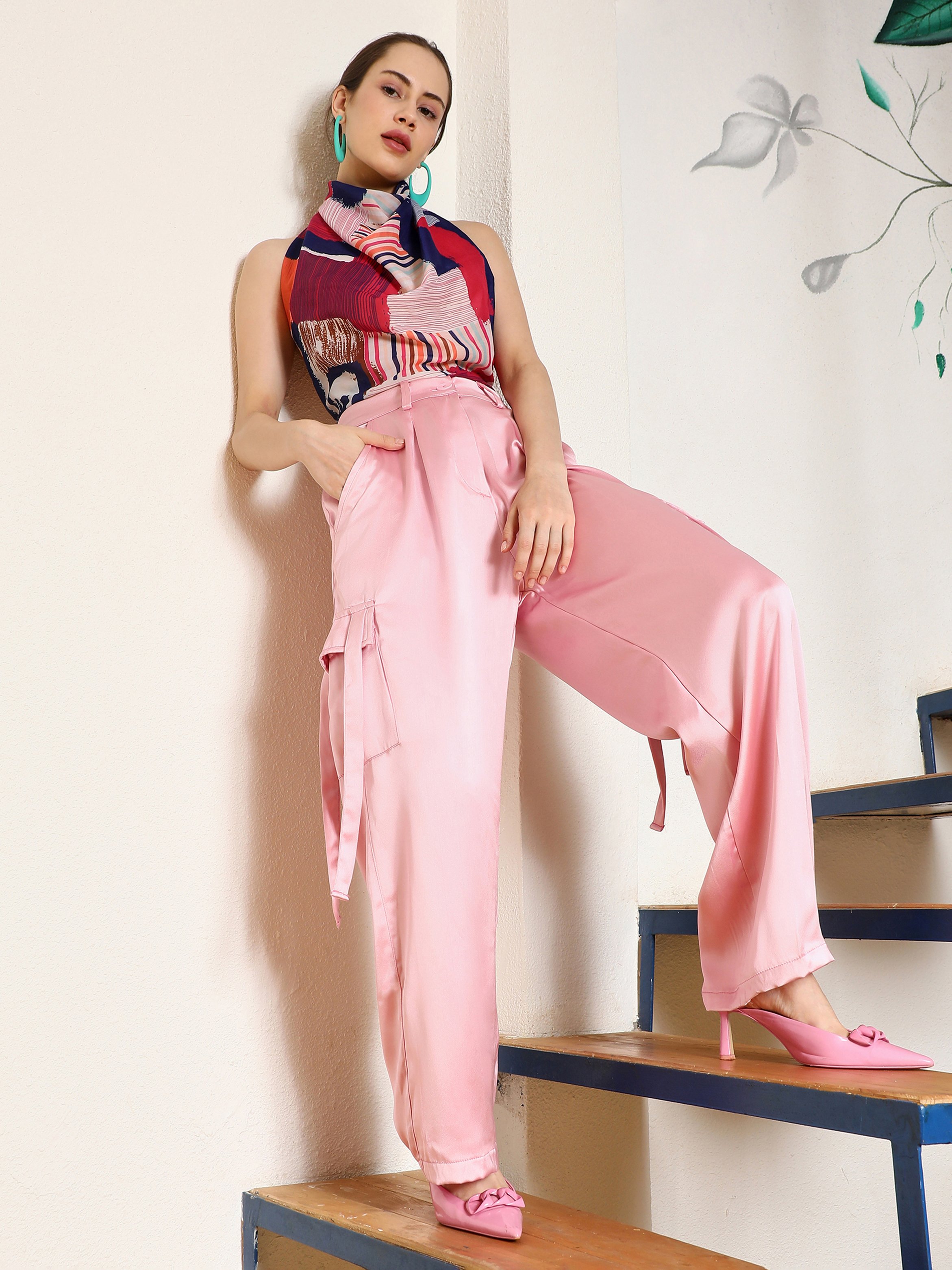 Blush Pink Boxy Satin Cargo Pants