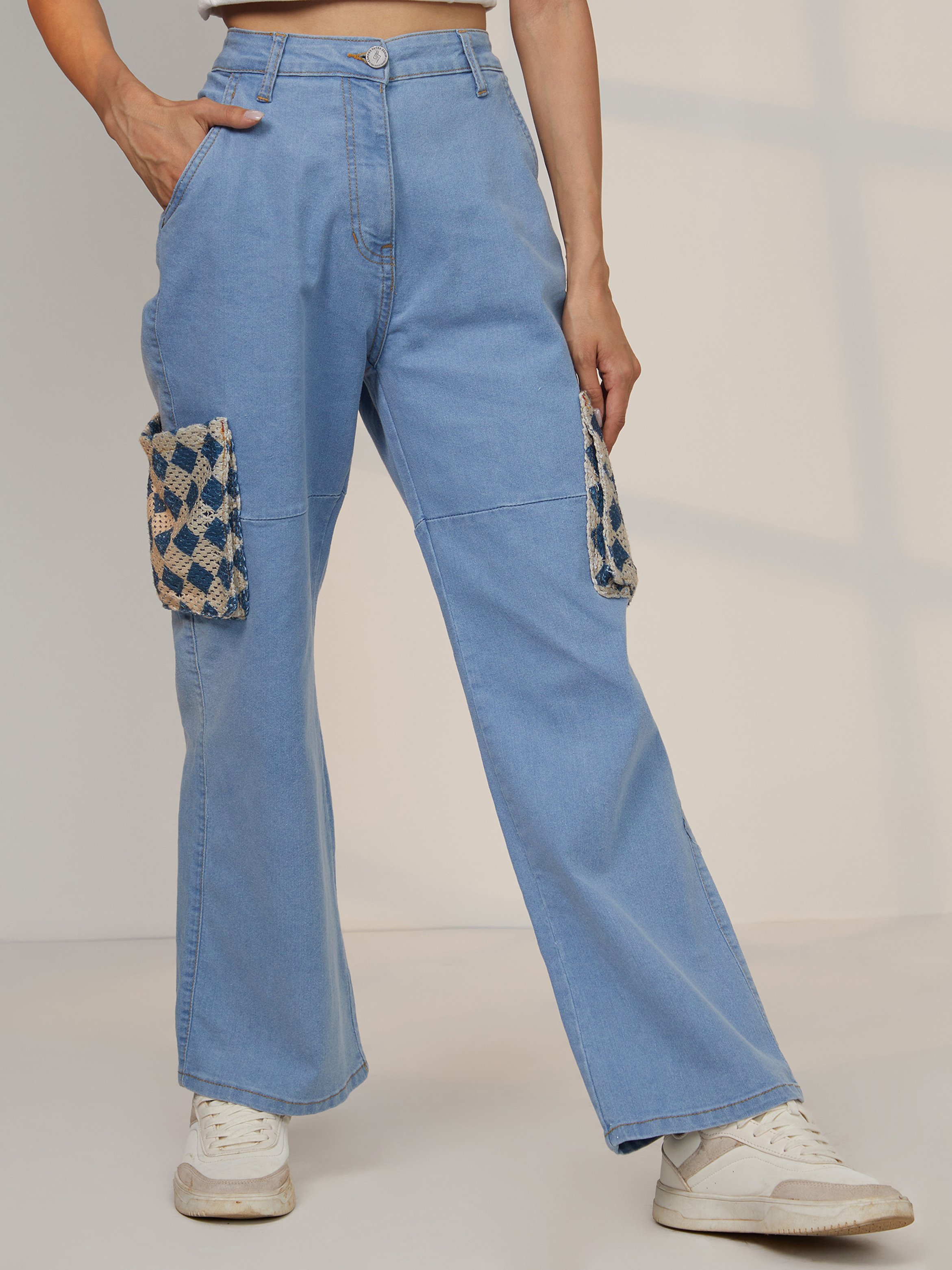 Blue Contrast Patch Straight Fit Jeans