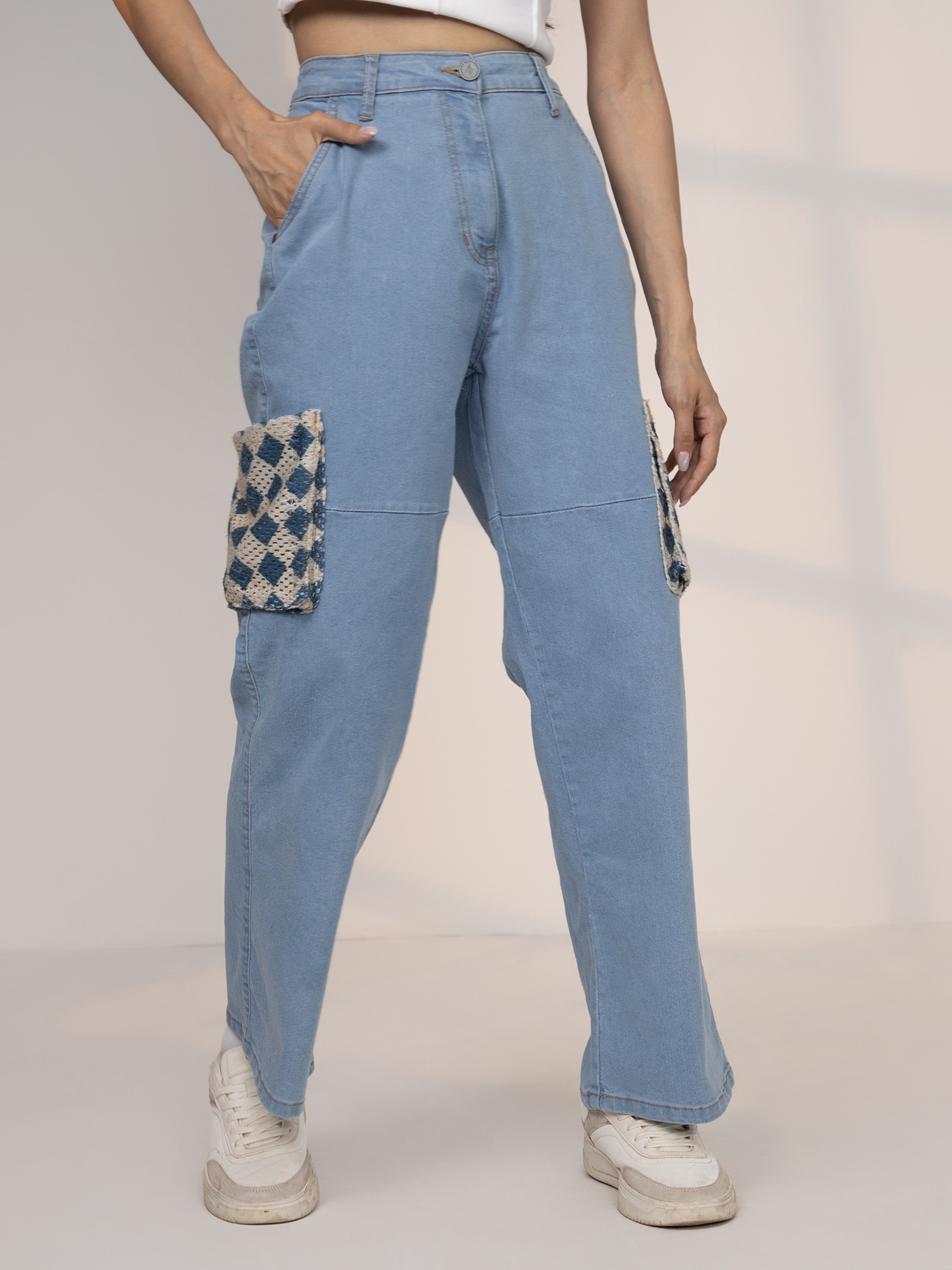 Blue Contrast Patch Straight Fit Jeans
