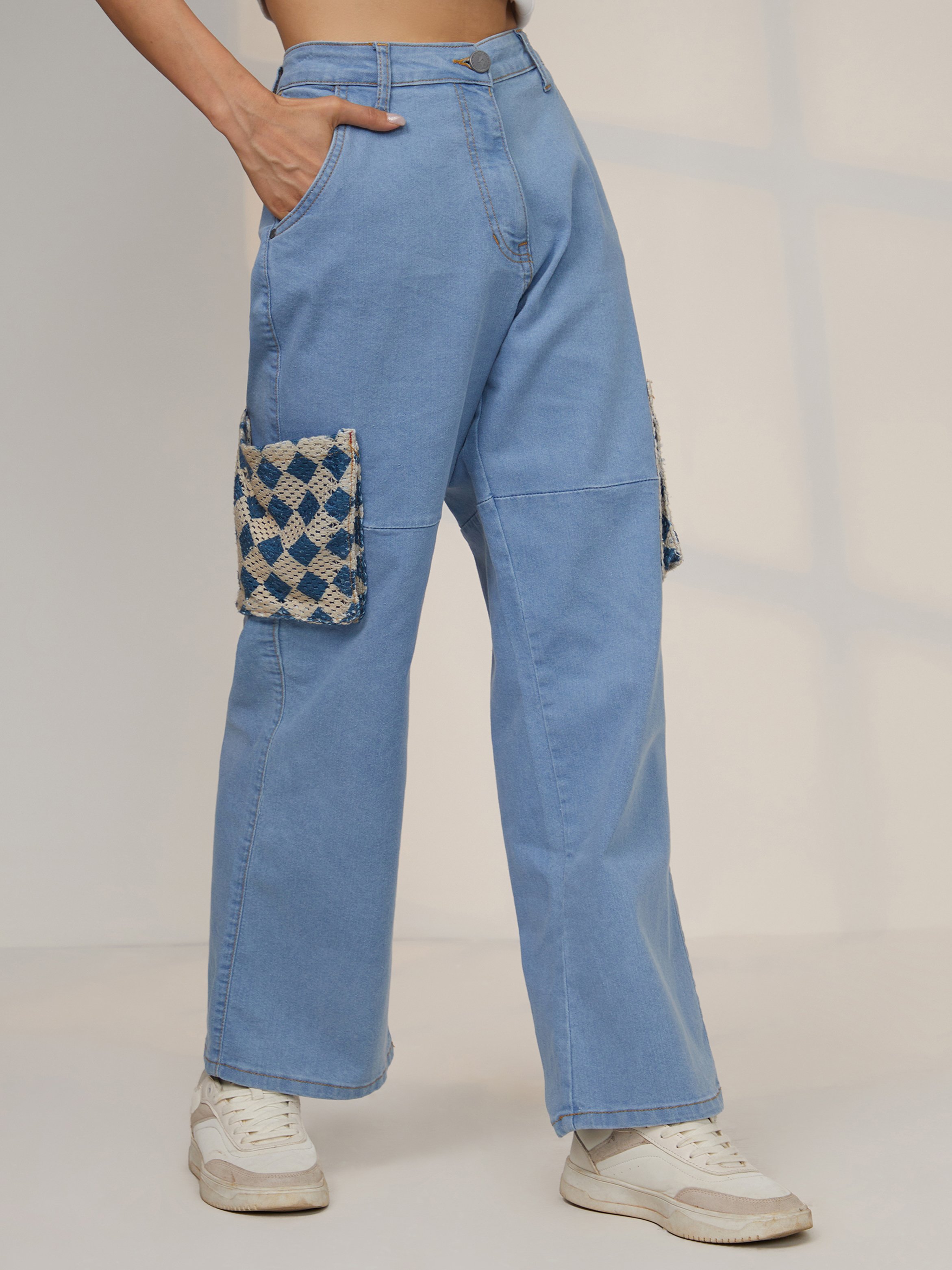 Blue Contrast Patch Straight Fit Jeans