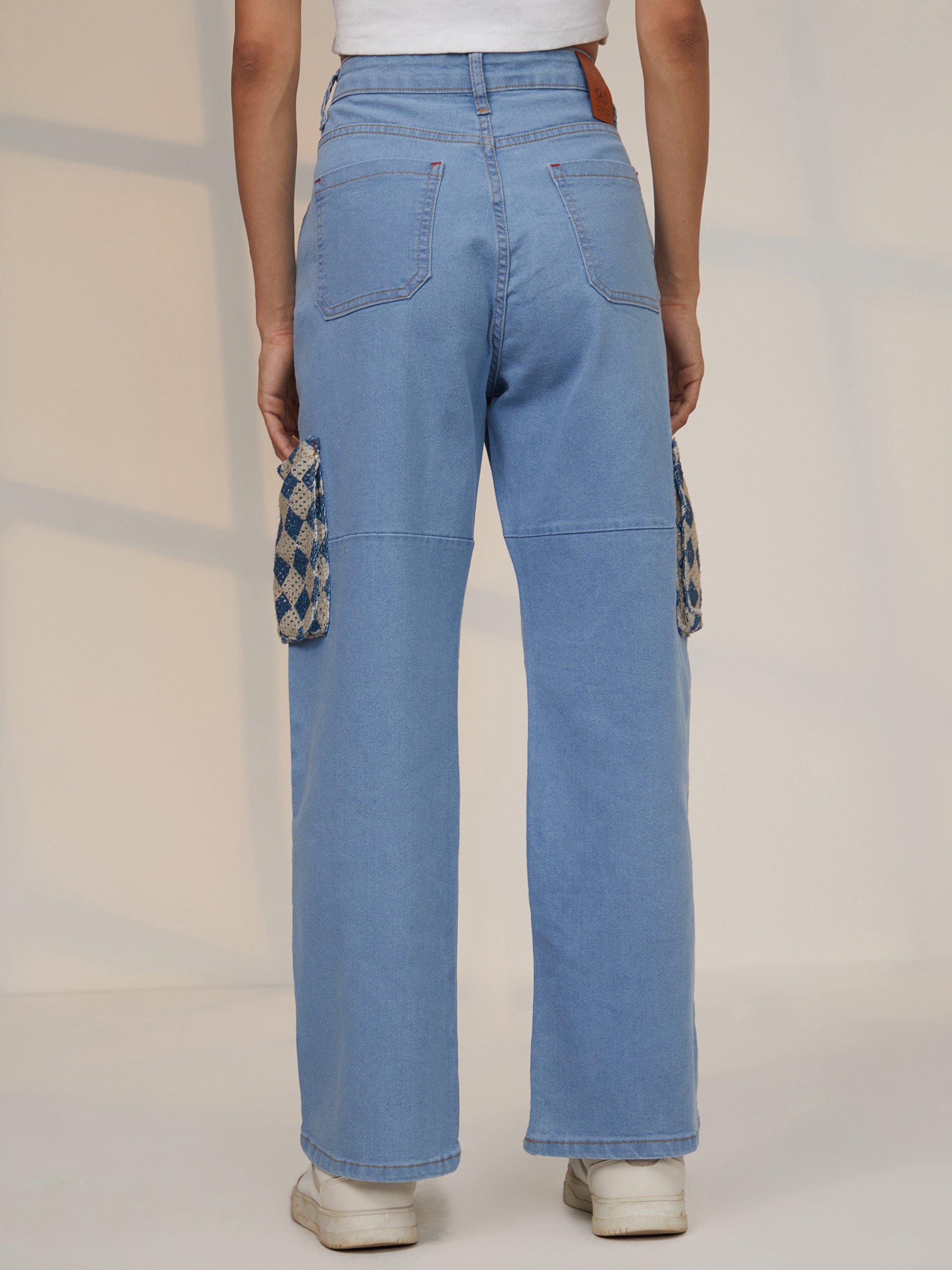 Blue Contrast Patch Straight Fit Jeans