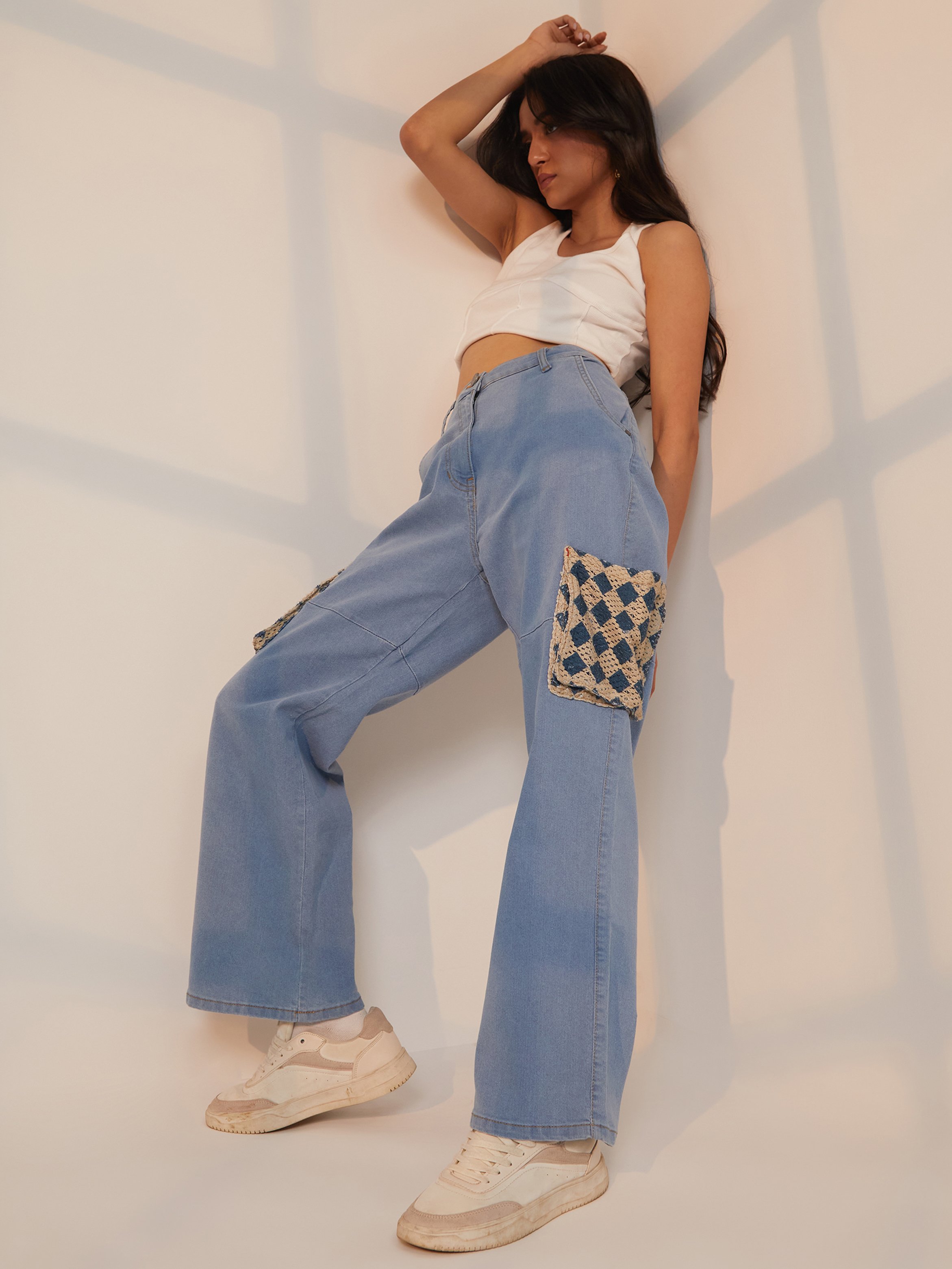 Blue Contrast Patch Straight Fit Jeans
