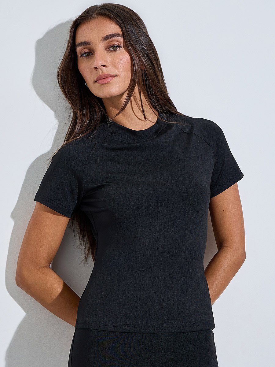 Black Solid Short Sleeve Fitted Top and Leggings Co-Ords