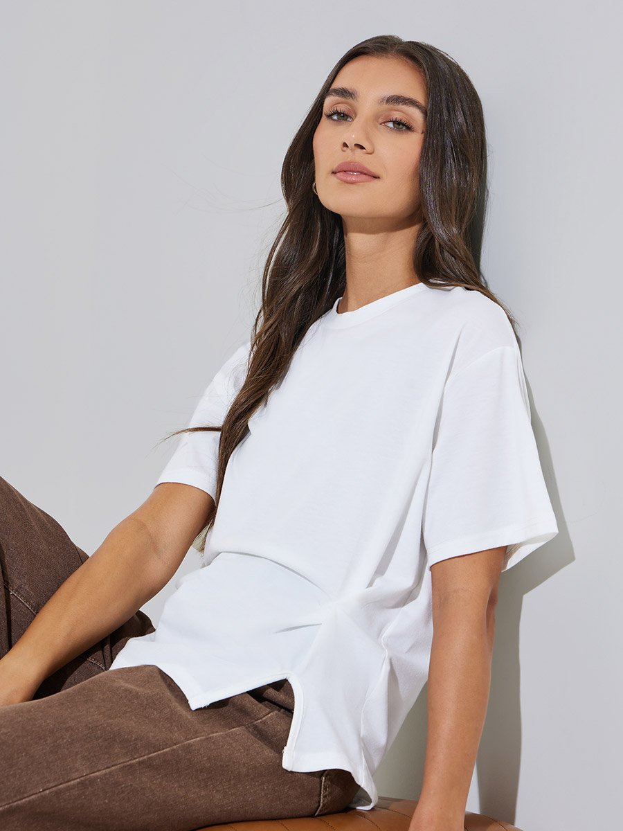 White Solid Side Slit Round Neck Oversized T-Shirt