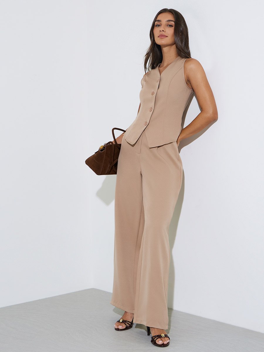 Khaki Solid Waistcoat and Wide-Leg Trousers Co-ord Set