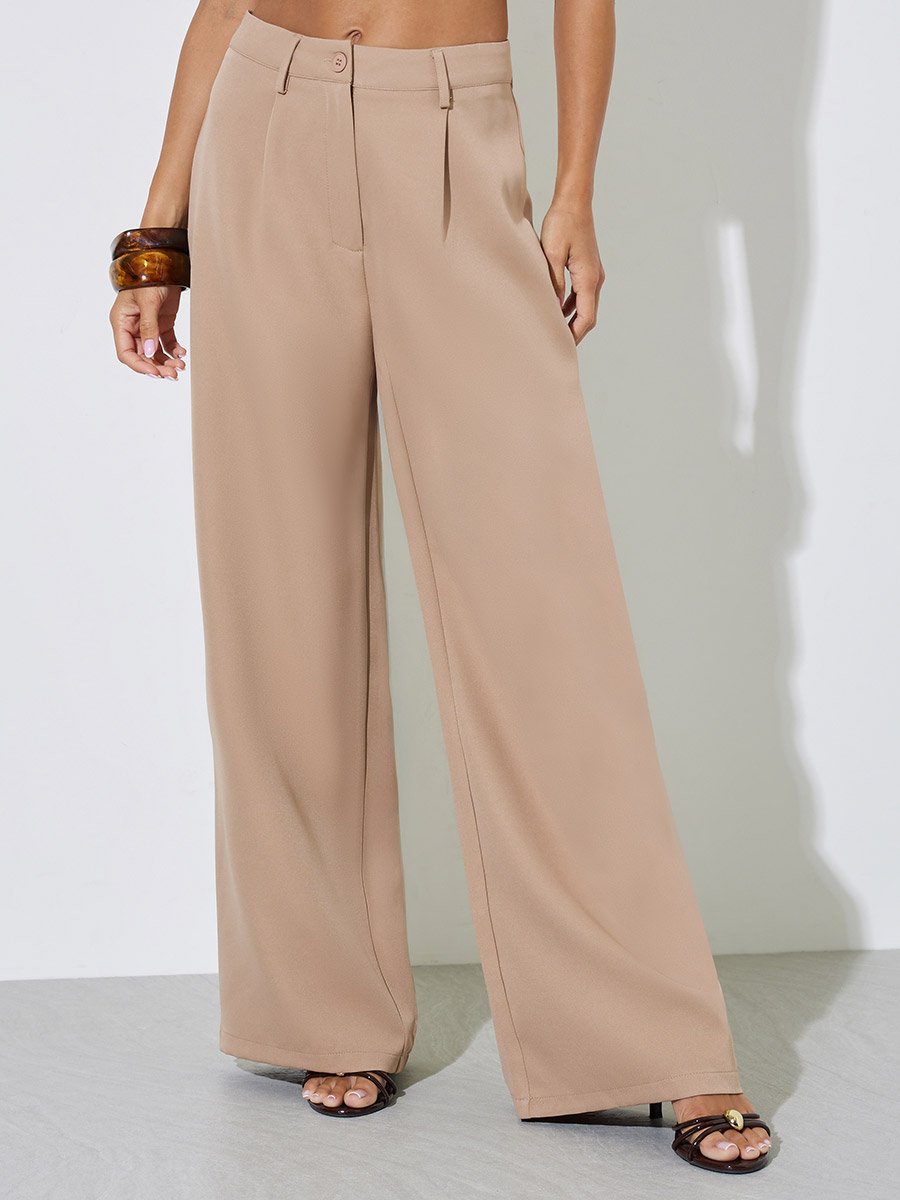 Khaki Solid Waistcoat and Wide-Leg Trousers Co-ord Set