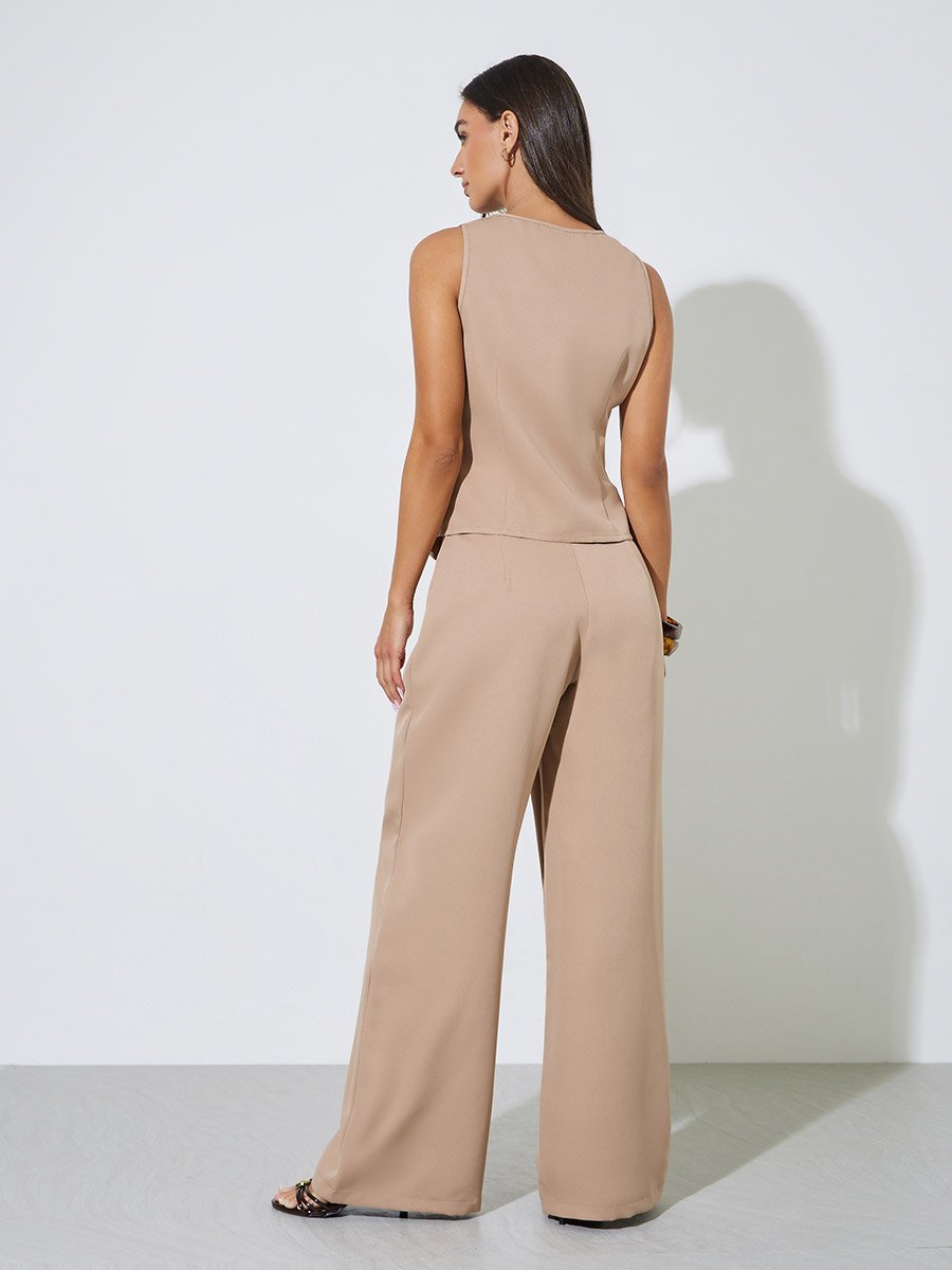 Khaki Solid Waistcoat and Wide-Leg Trousers Co-ord Set