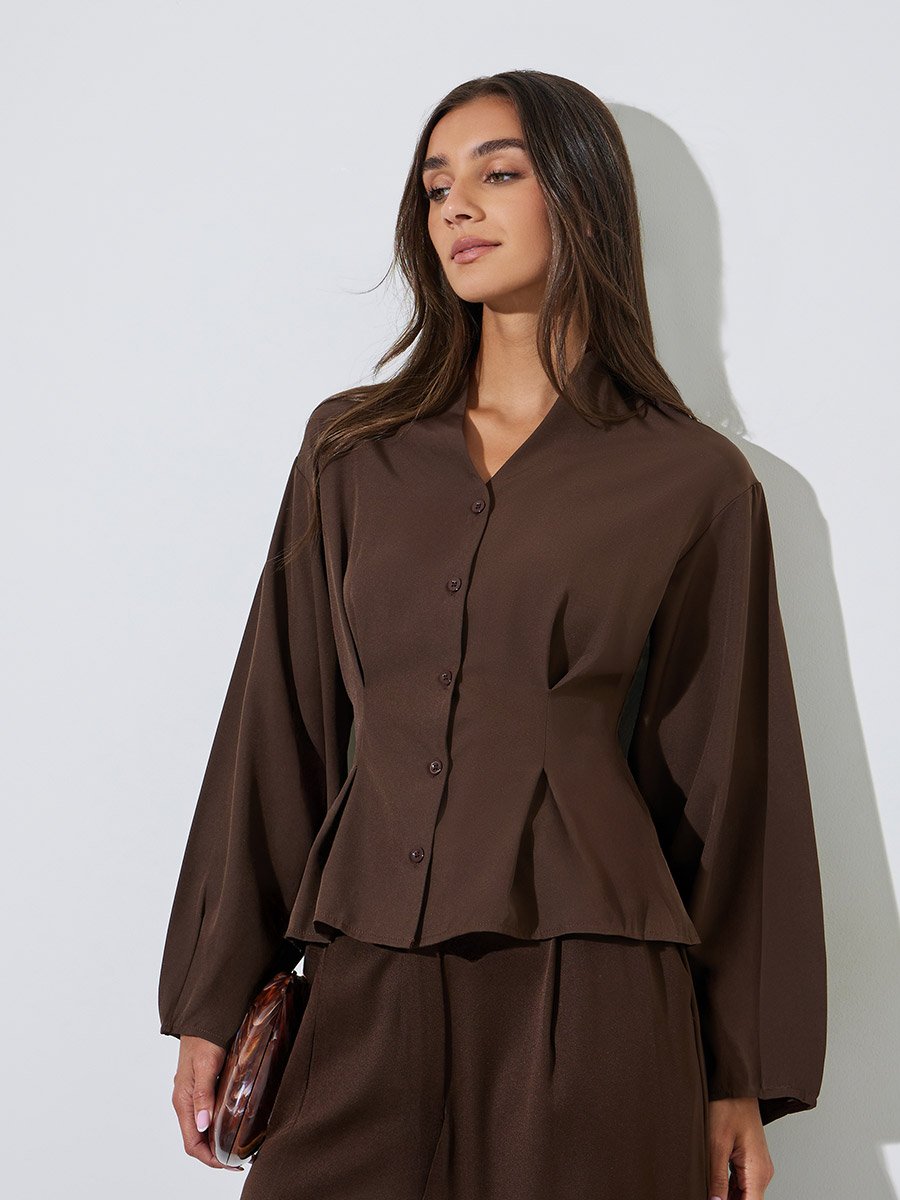 Brown Solid Pleated Details Peplum Blouse