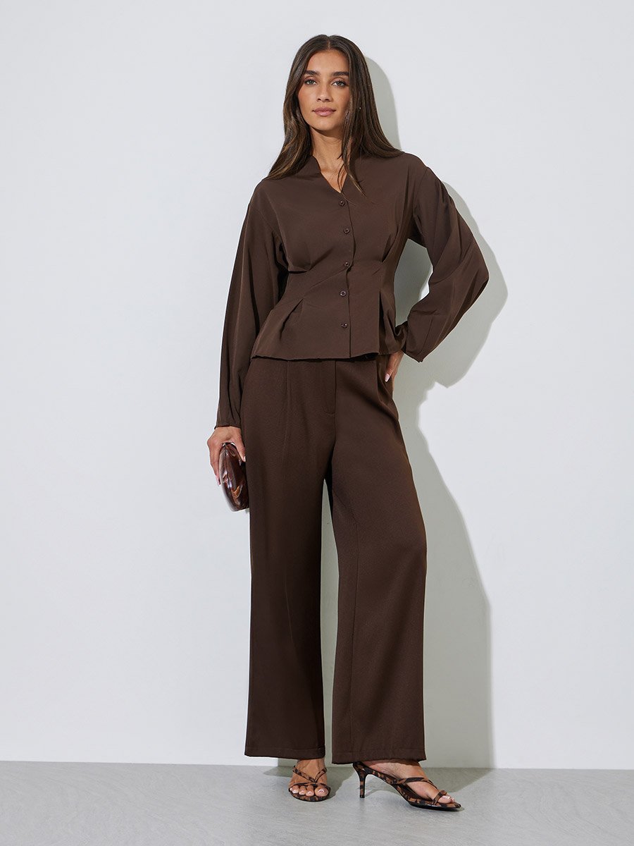Brown Solid Pleated Details Peplum Blouse
