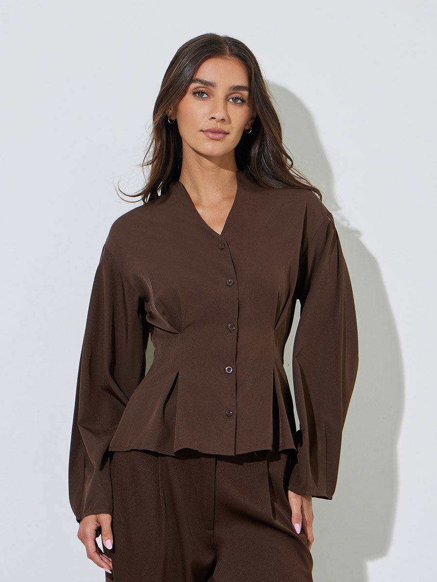 Brown Solid Pleated Details Peplum Blouse