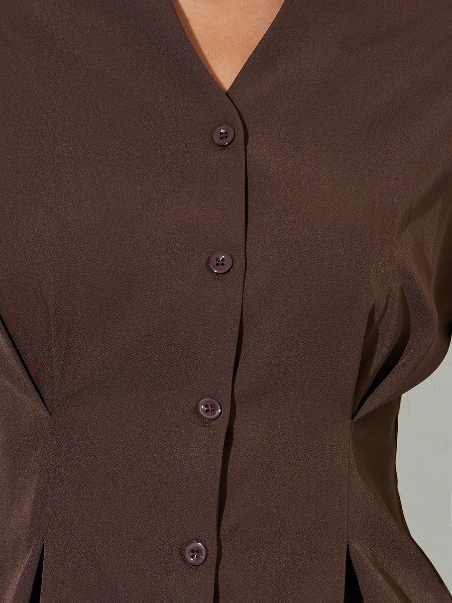 Brown Solid Pleated Details Peplum Blouse