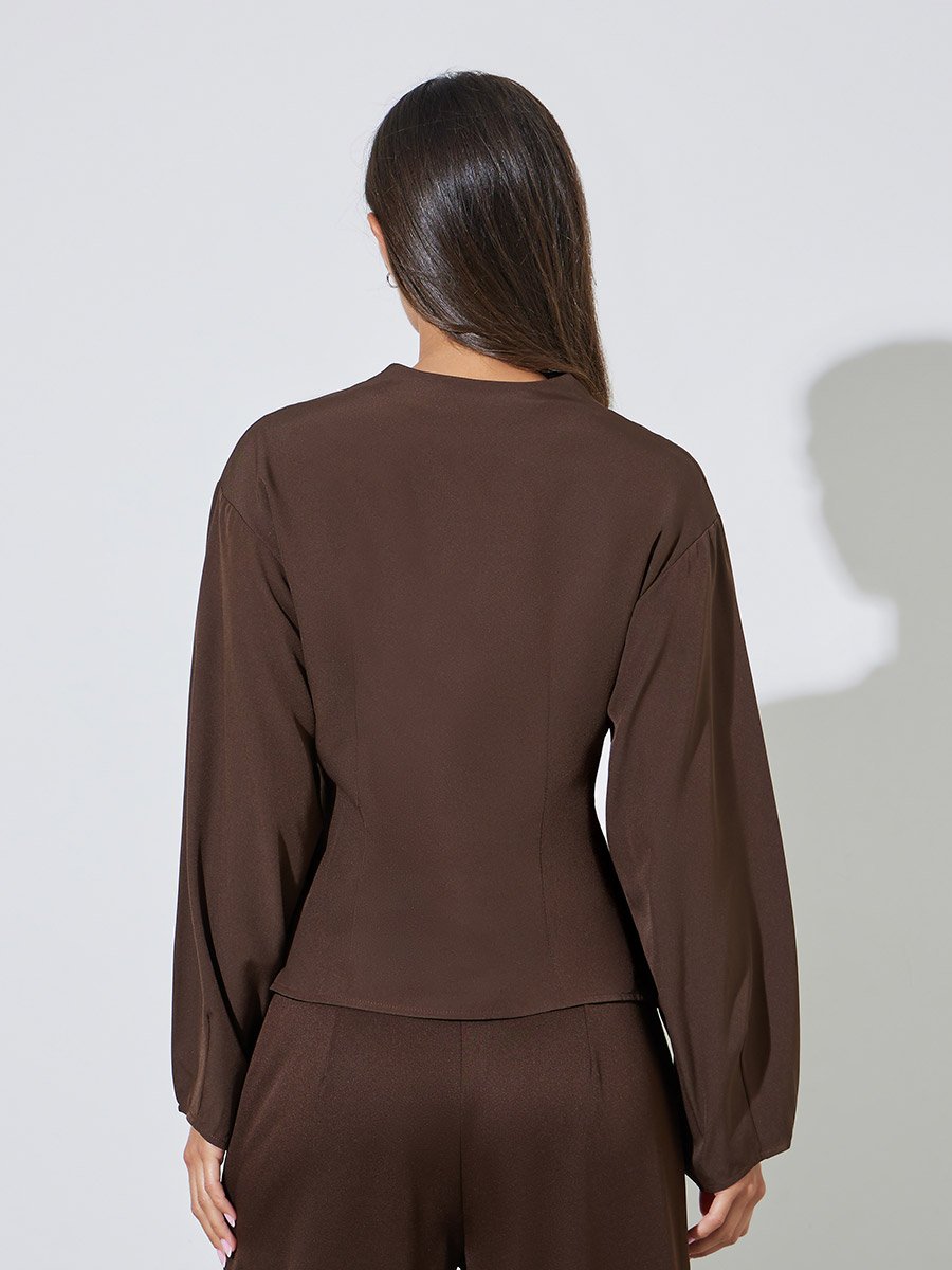 Brown Solid Pleated Details Peplum Blouse
