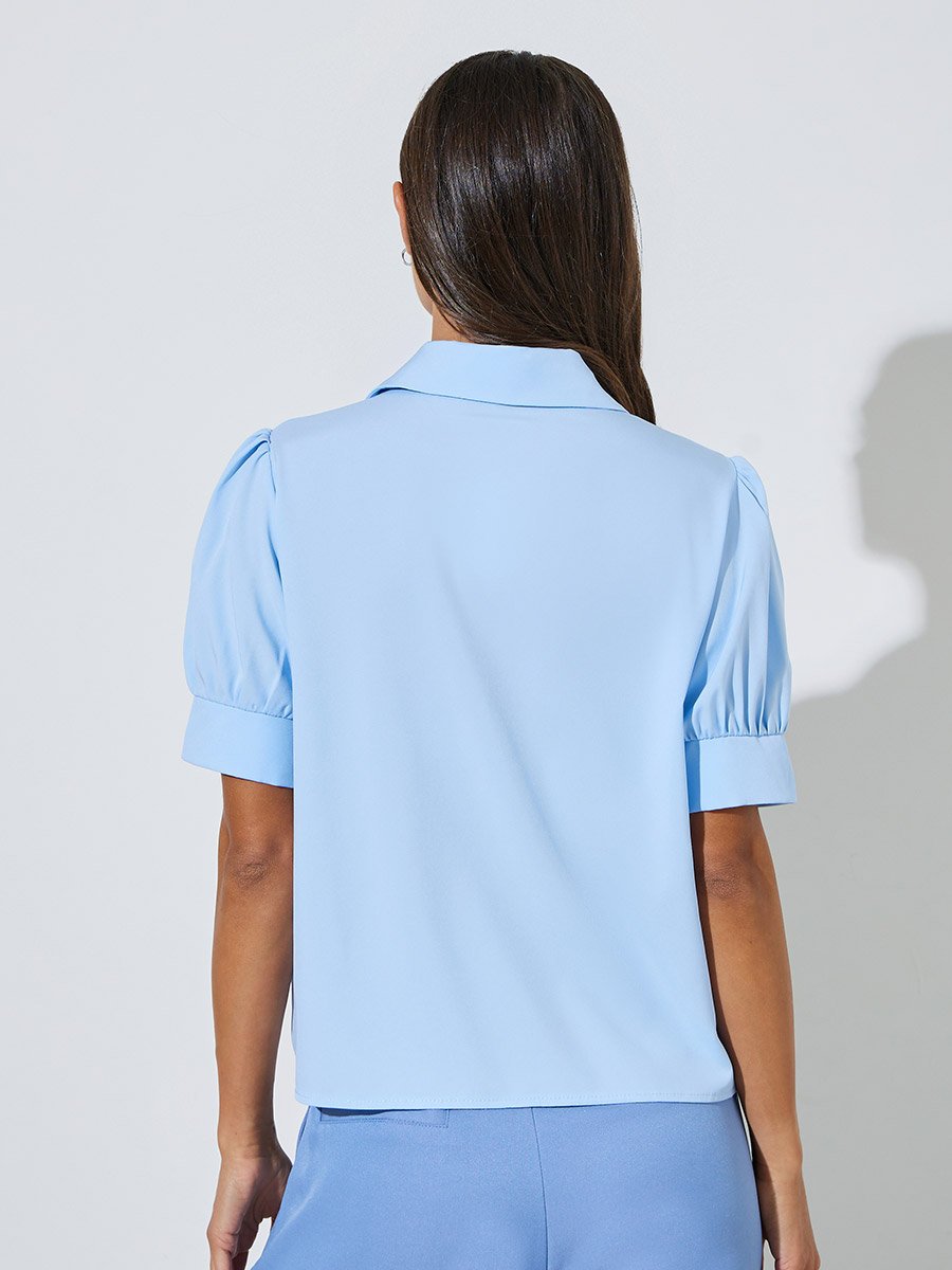 Blue Solid Puff Short Sleeves Shirt