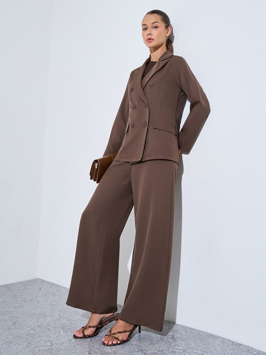 Brown Solid Double-Breasted Blazer and Wide Leg Pants Set