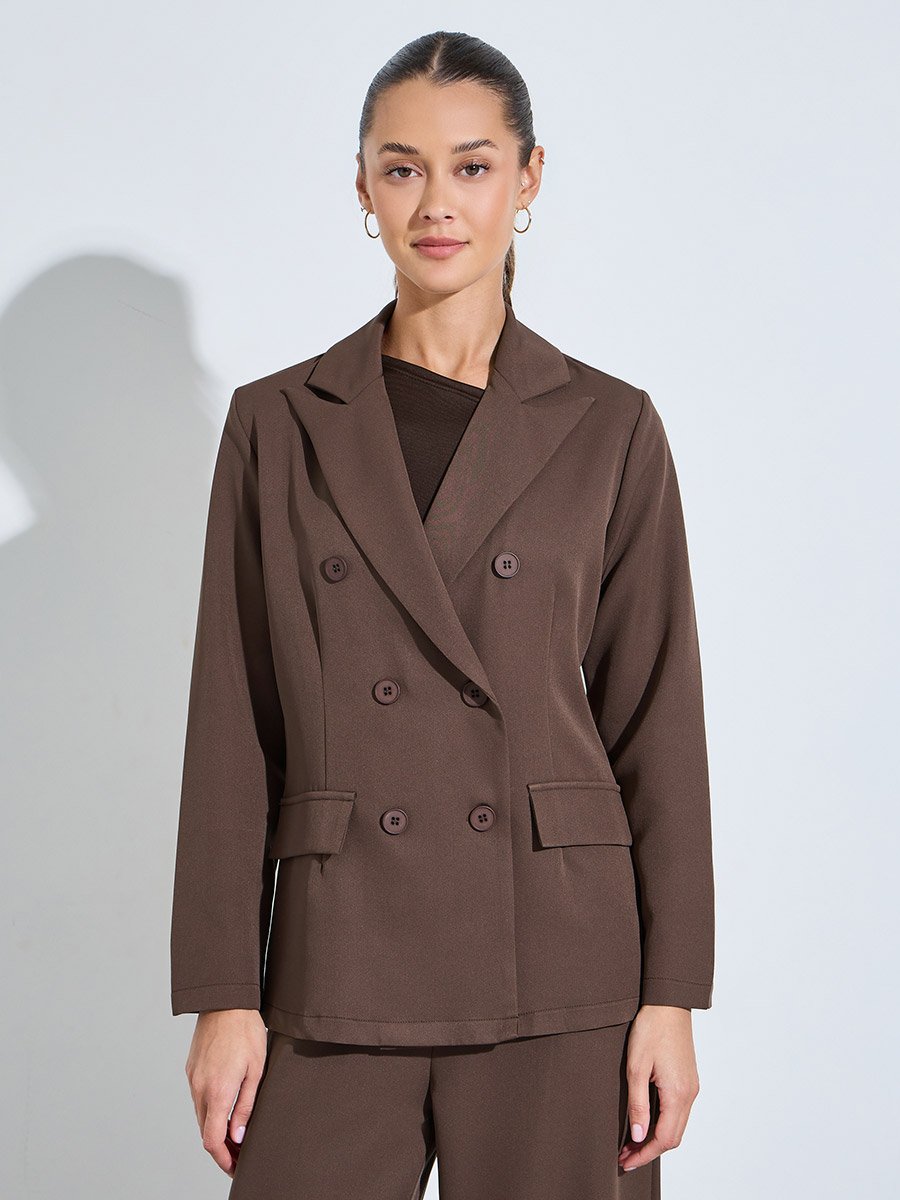 Brown Solid Double-Breasted Blazer and Wide Leg Pants Set
