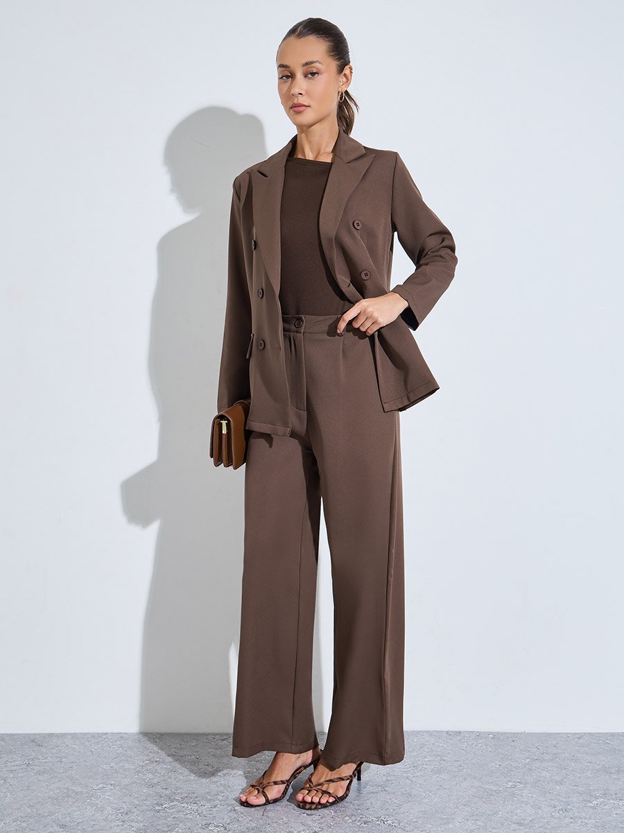 Brown Solid Double-Breasted Blazer and Wide Leg Pants Set