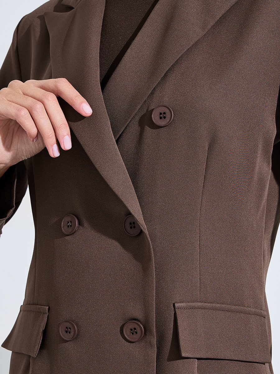 Brown Solid Double-Breasted Blazer and Wide Leg Pants Set