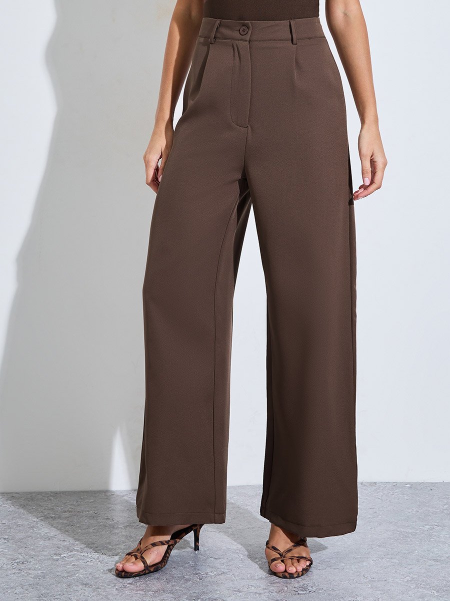 Brown Solid Double-Breasted Blazer and Wide Leg Pants Set