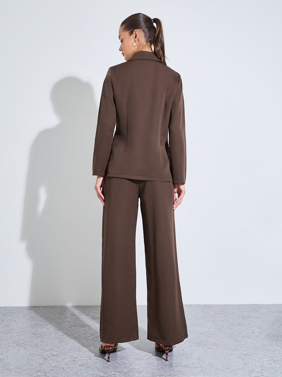 Brown Solid Double-Breasted Blazer and Wide Leg Pants Set