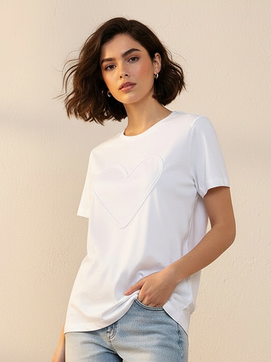 Cotton T-Shirt with Heart Applique