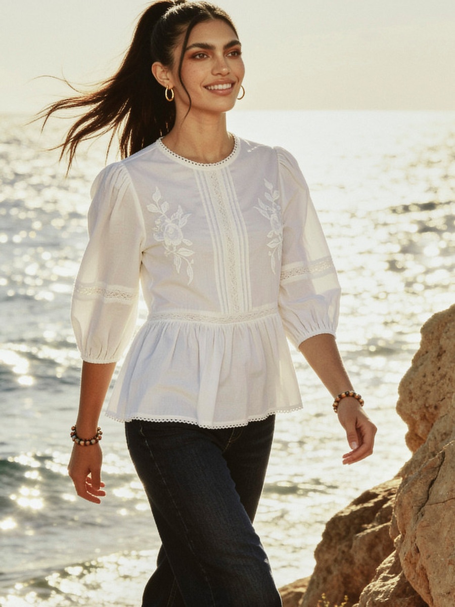 Cotton Peplum Top with Floral Embroidery