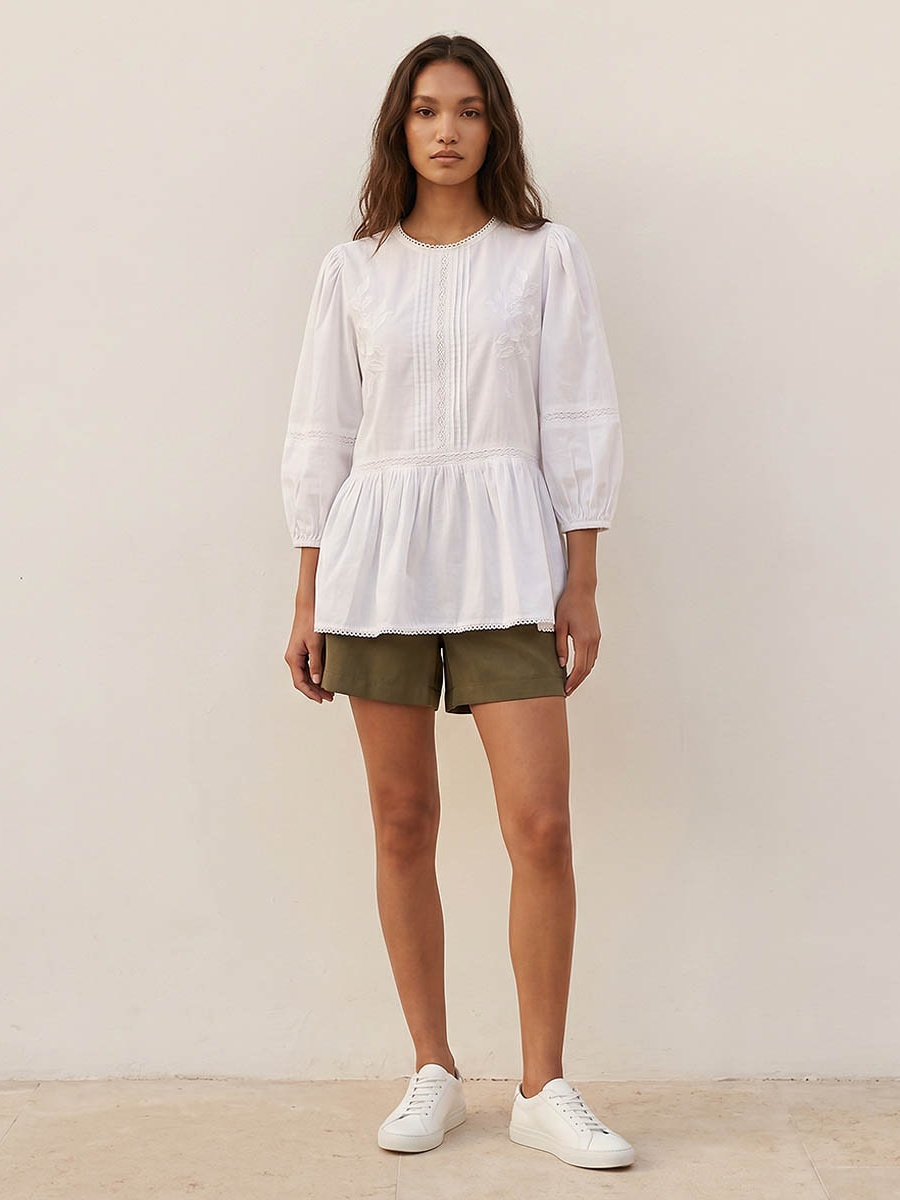 Cotton Peplum Top with Floral Embroidery