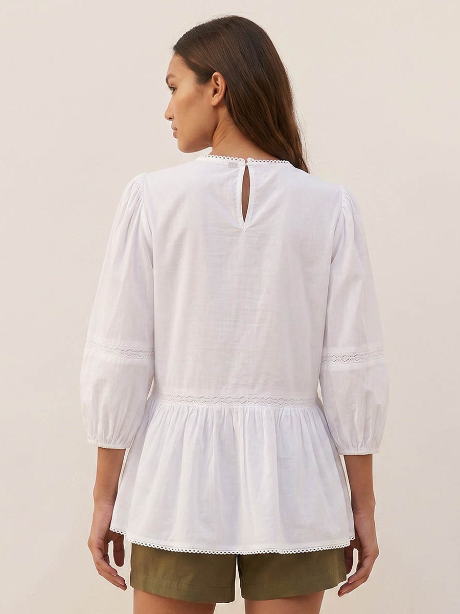 Cotton Peplum Top with Floral Embroidery