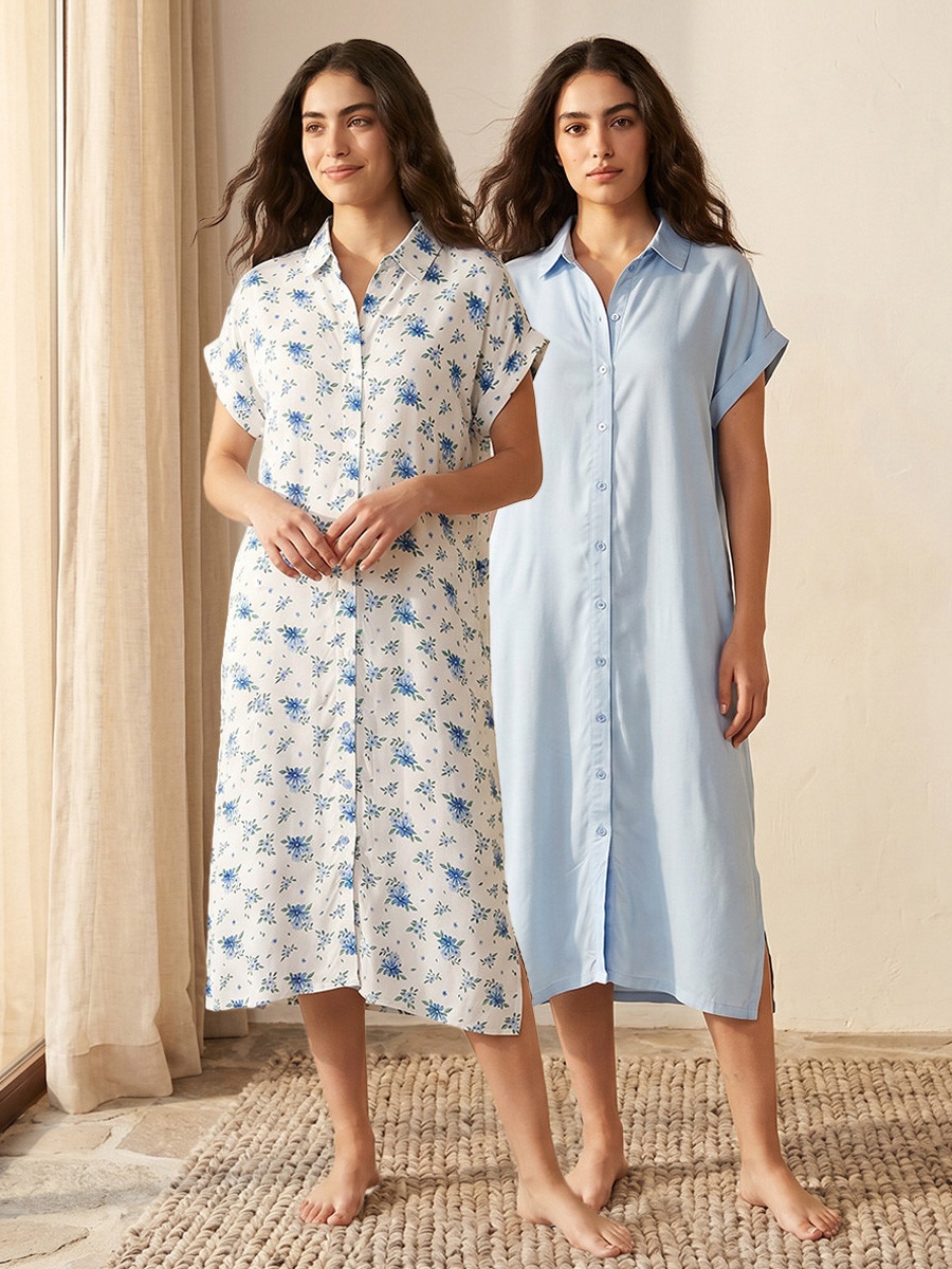 Set of 2 - Short Sleeve Roll-Up Cuff Viscose Sleepshirt