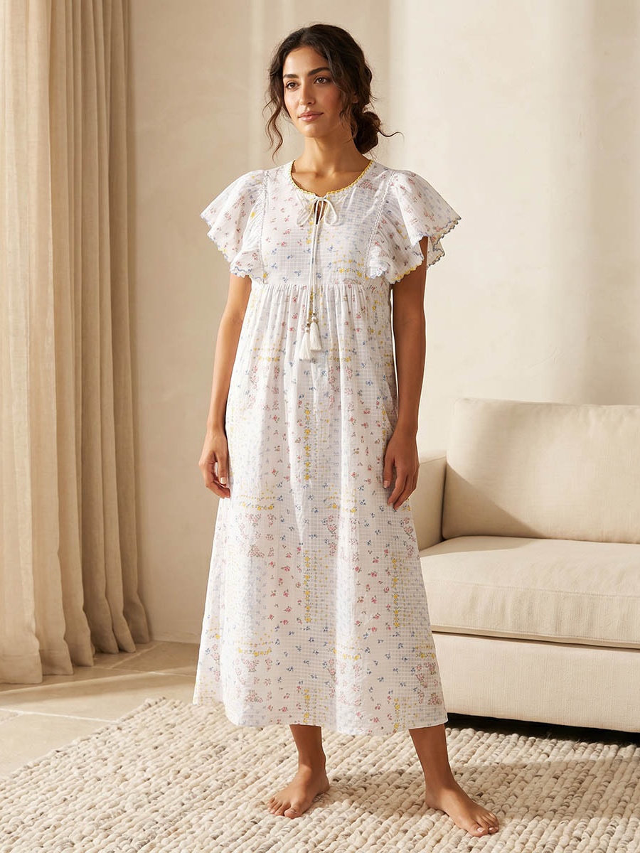 Floral Print Flutter Sleeves Night Gown