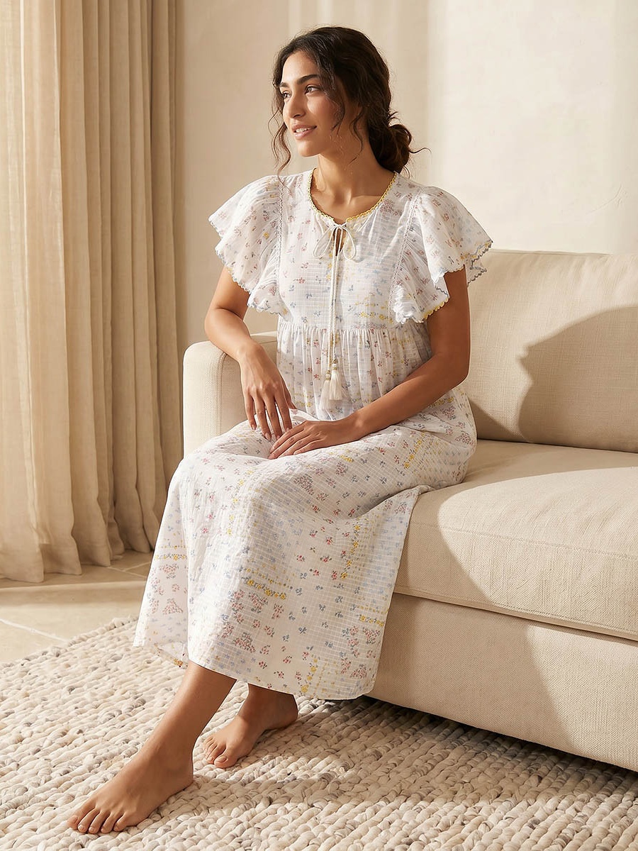 Floral Print Flutter Sleeves Night Gown