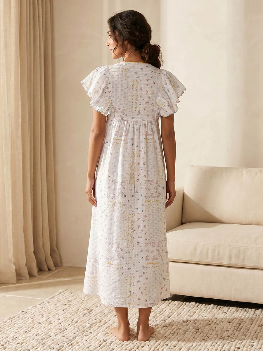 Floral Print Flutter Sleeves Night Gown