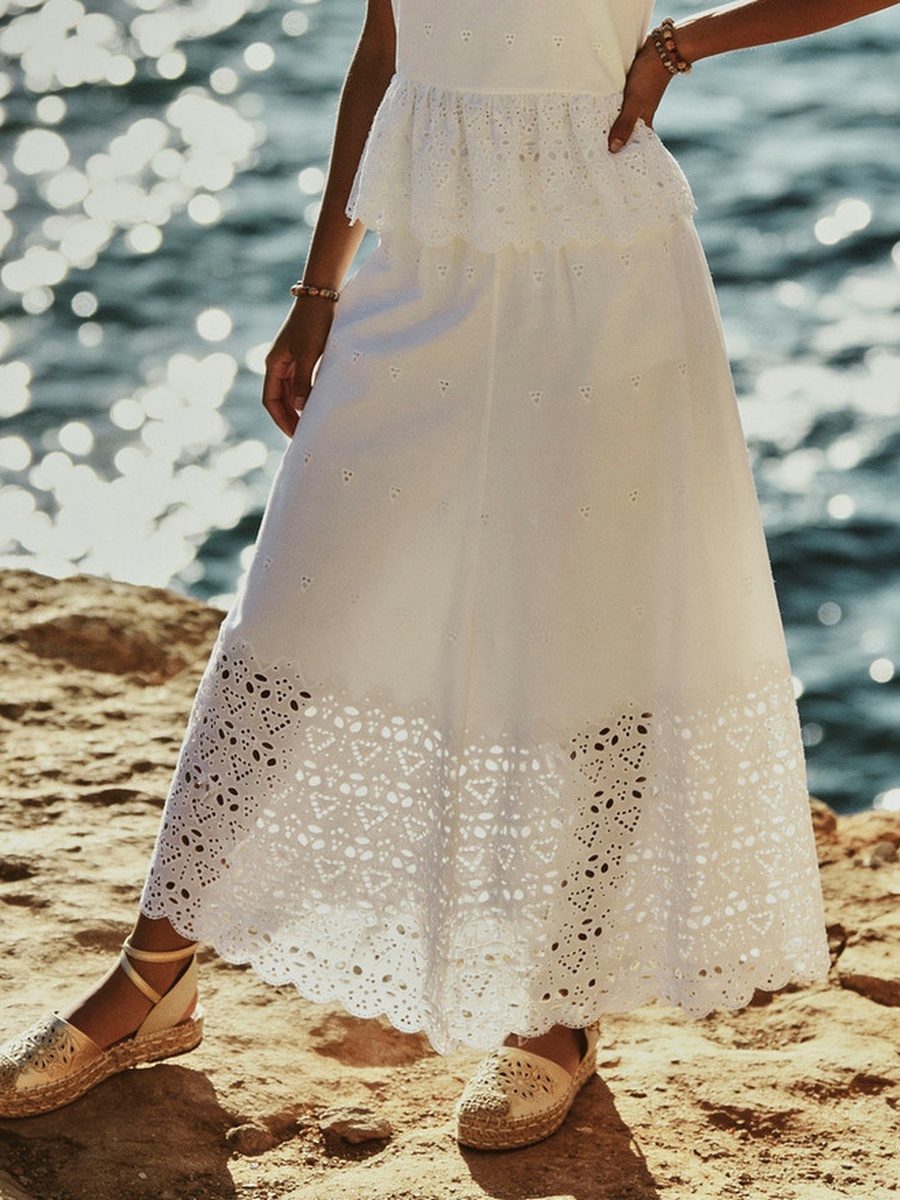 Maxi Cotton Embroidered Skirt with Scalloped Hem