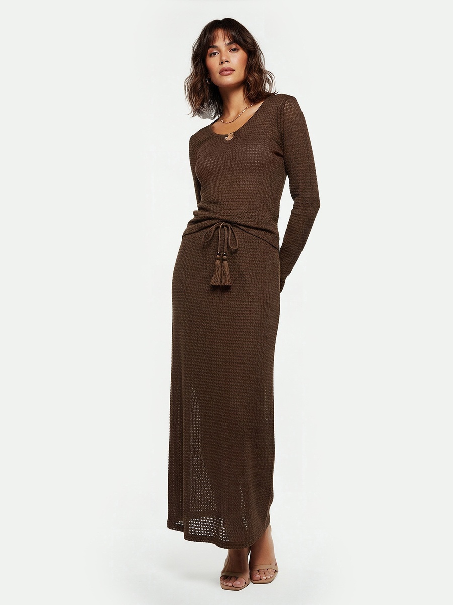 Maxi A-Line Textured Skirt with Tie-Up