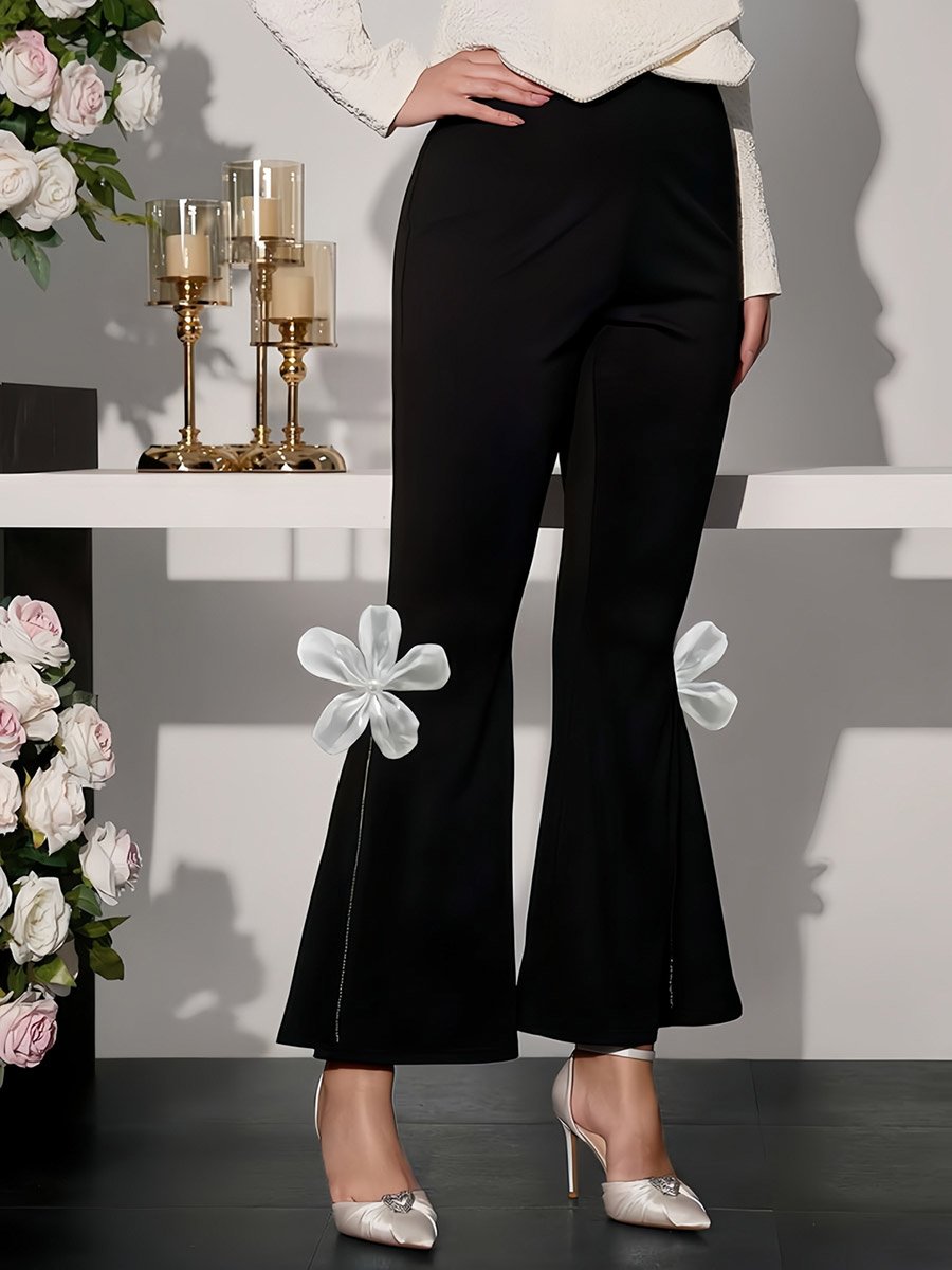 Black Bell-Bottom Trousers with Floral Applique