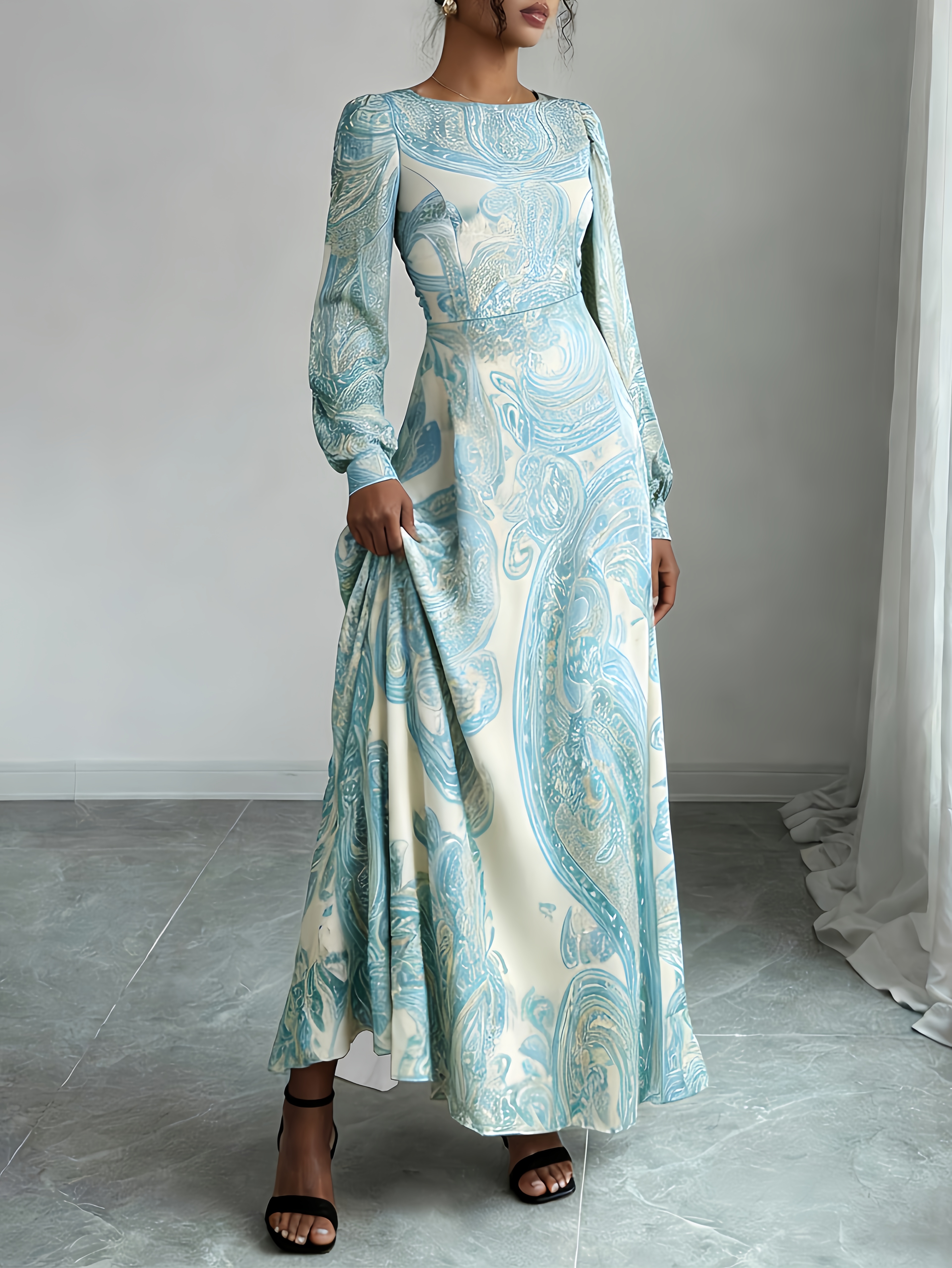 Blue Paisley A-Line Maxi Dress with Long Sleeves