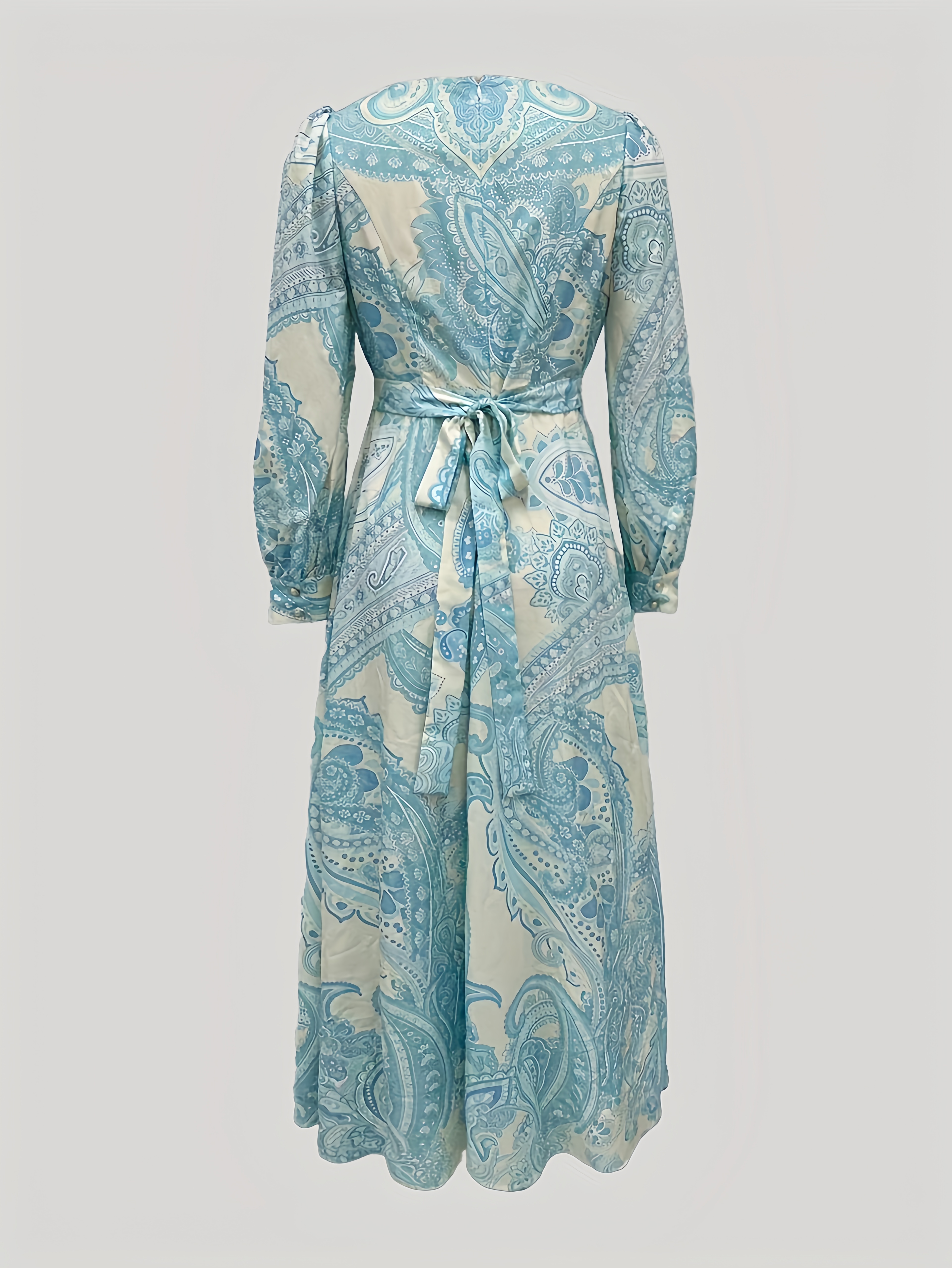 Blue Paisley A-Line Maxi Dress with Long Sleeves