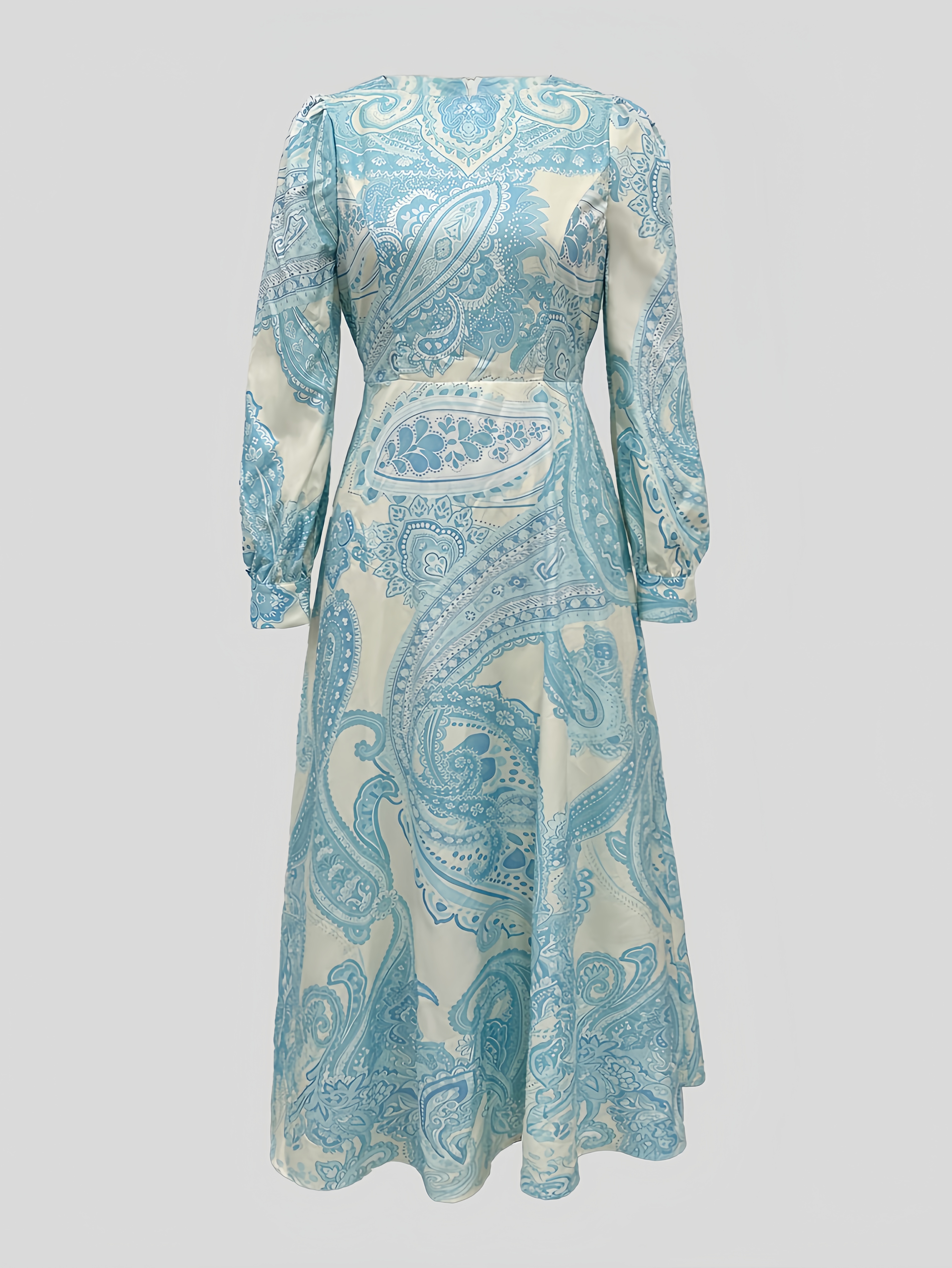 Blue Paisley A-Line Maxi Dress with Long Sleeves