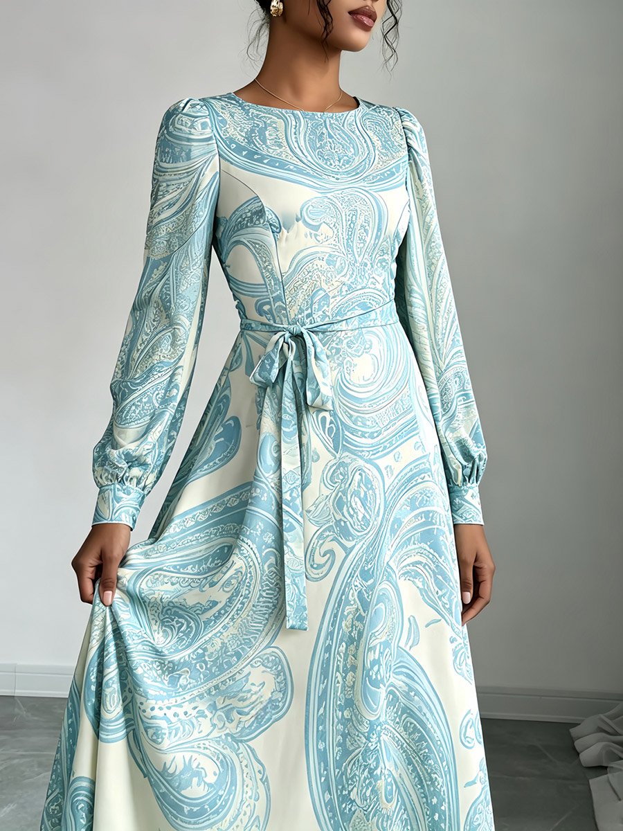 Blue Paisley A-Line Maxi Dress with Long Sleeves