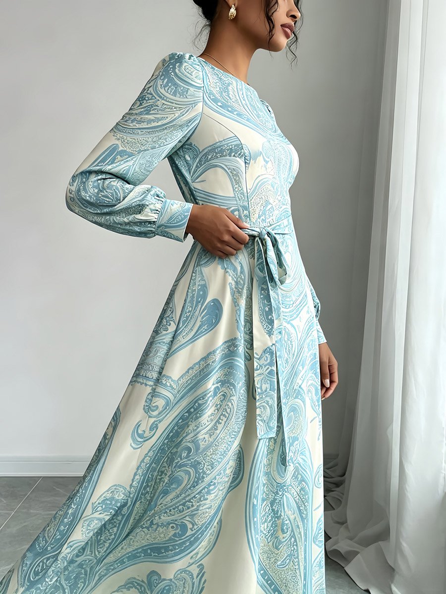 Blue Paisley A-Line Maxi Dress with Long Sleeves