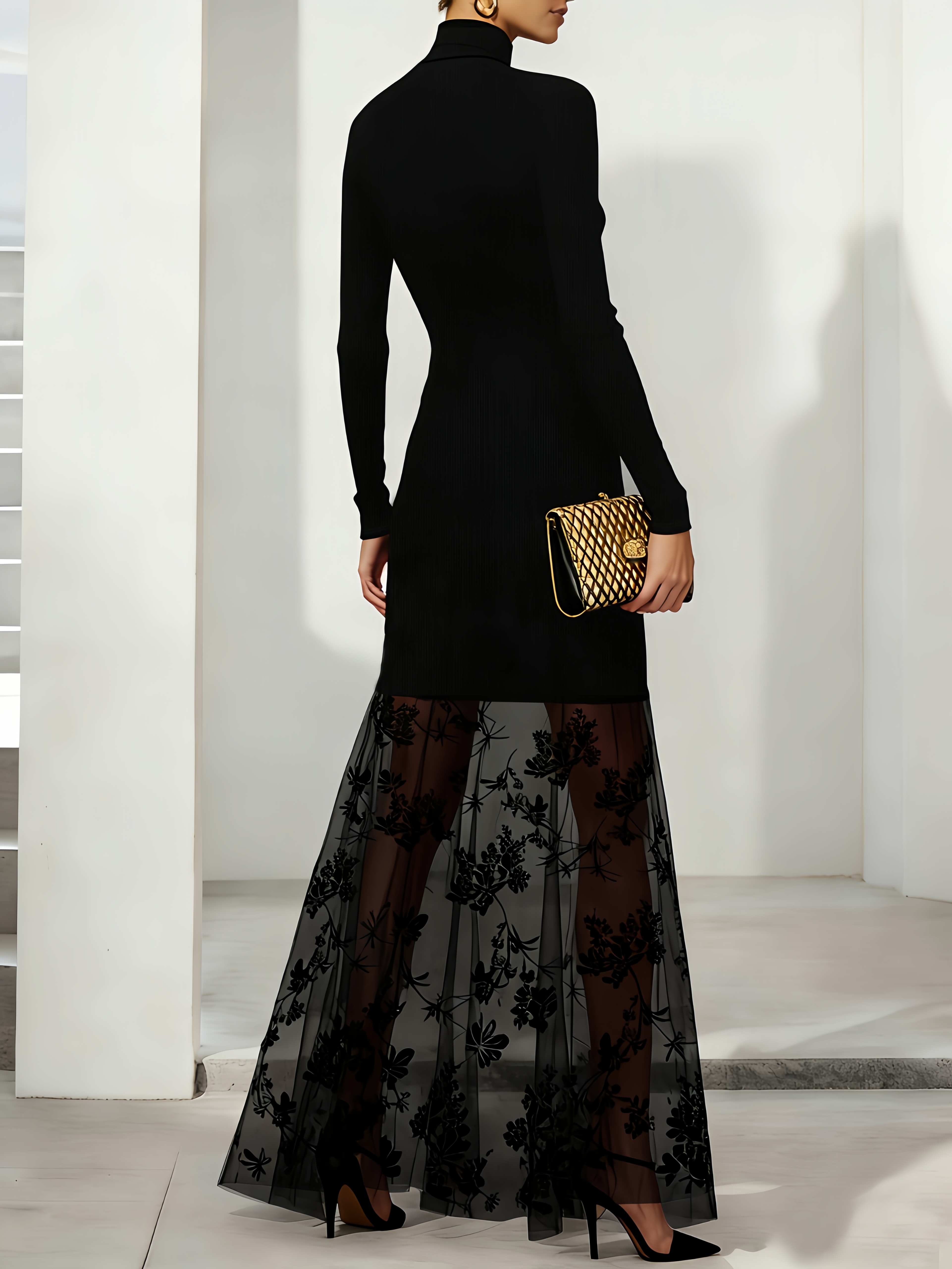 Black Lace Hem A-Line Maxi Dress