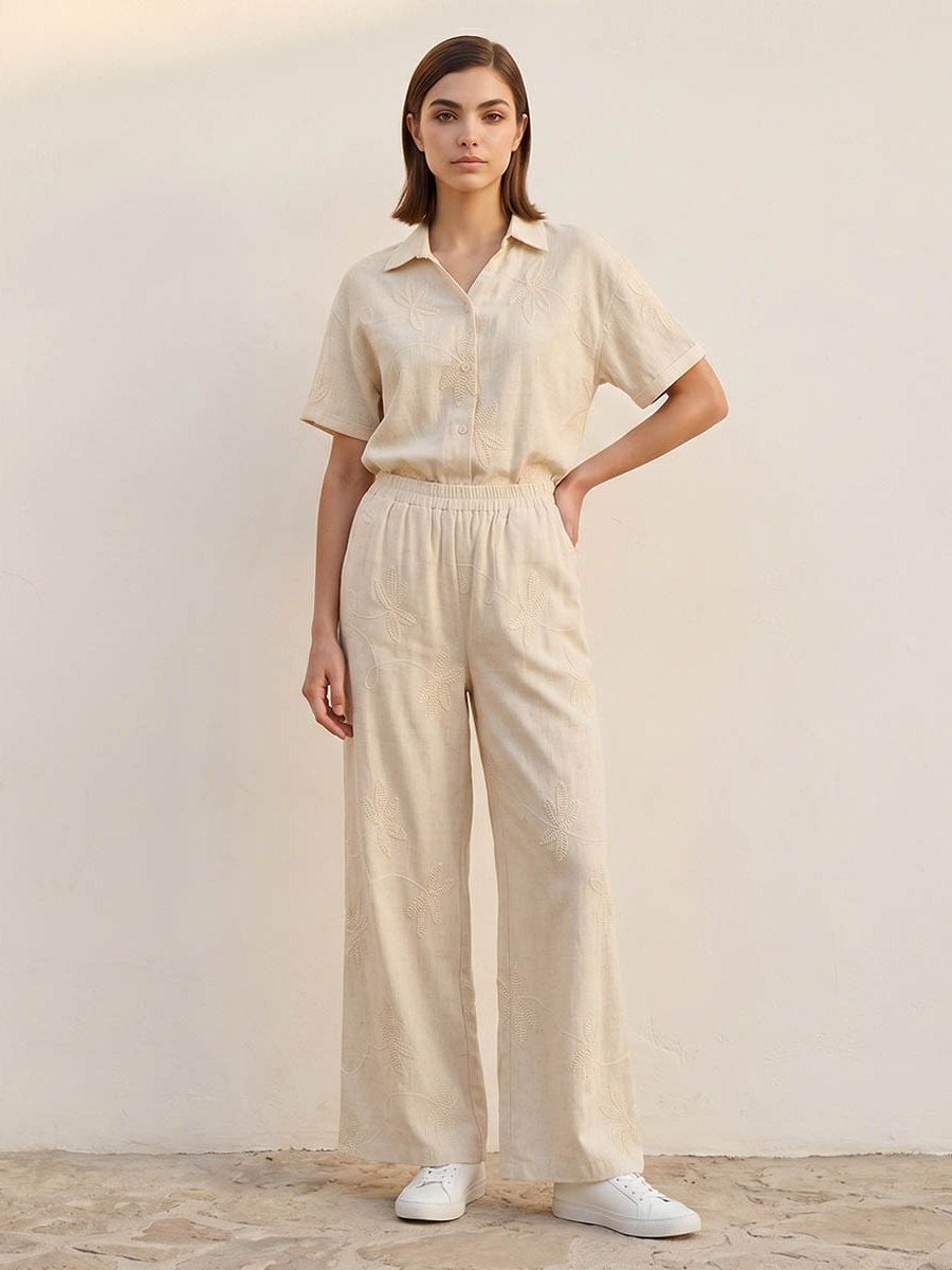 Mid-Rise Embroidered Wide Leg Pants