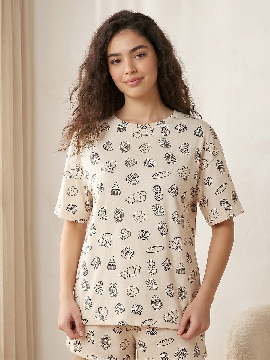 Pyjama Set with Printed Cotton T-Shirt and Shorts