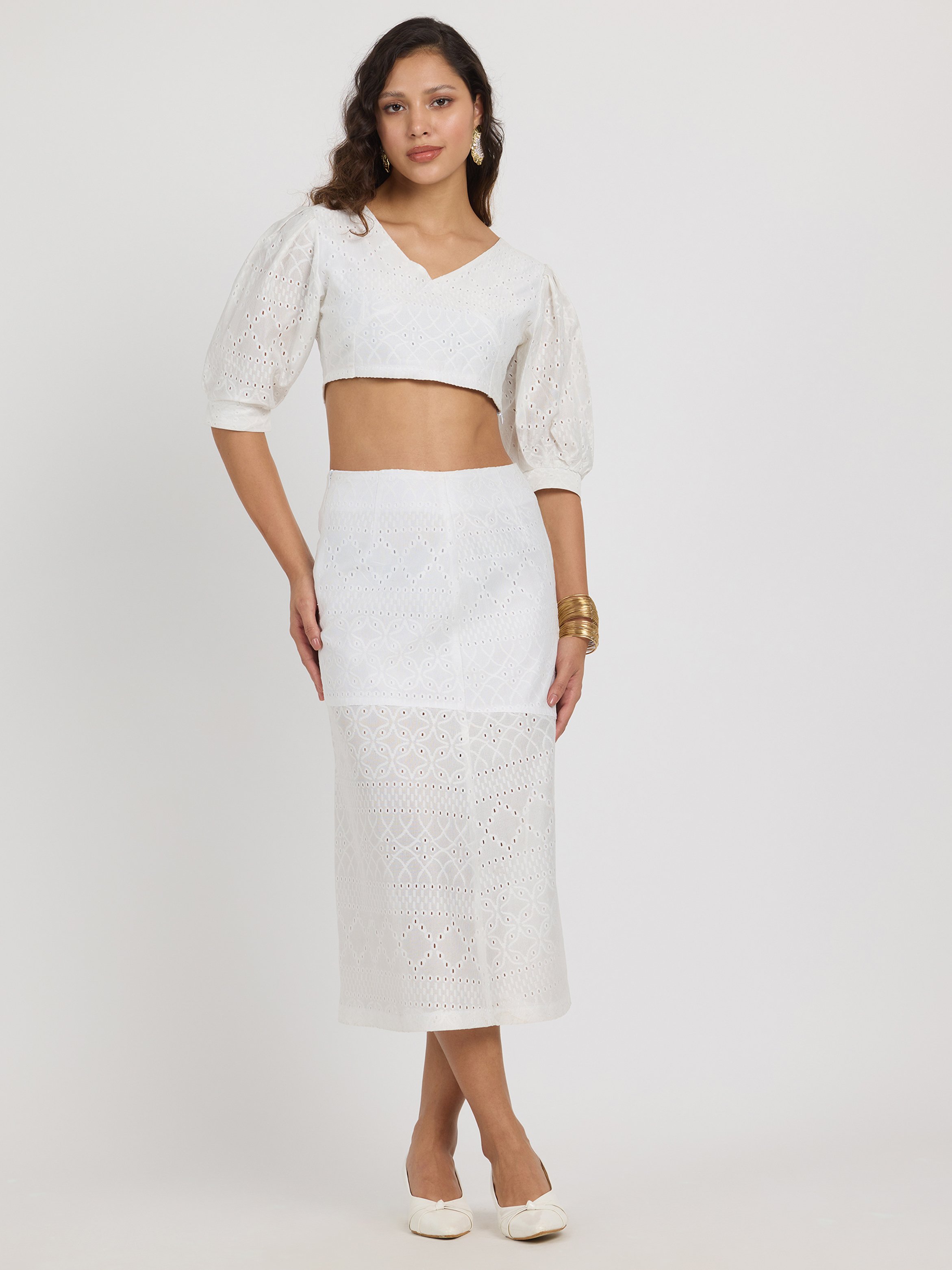 Daisy White Schiffli Crop Top and Midi Skirt Co-Ord Set